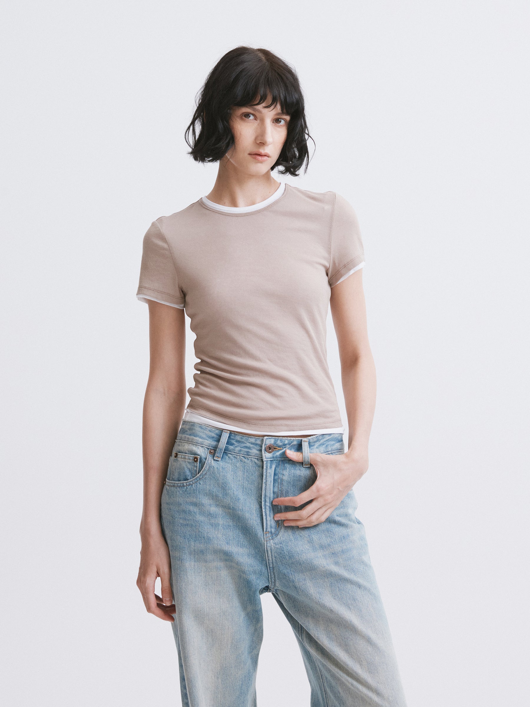 Lightweight Mock Two-Piece Color-Block T-Shirt Apricot