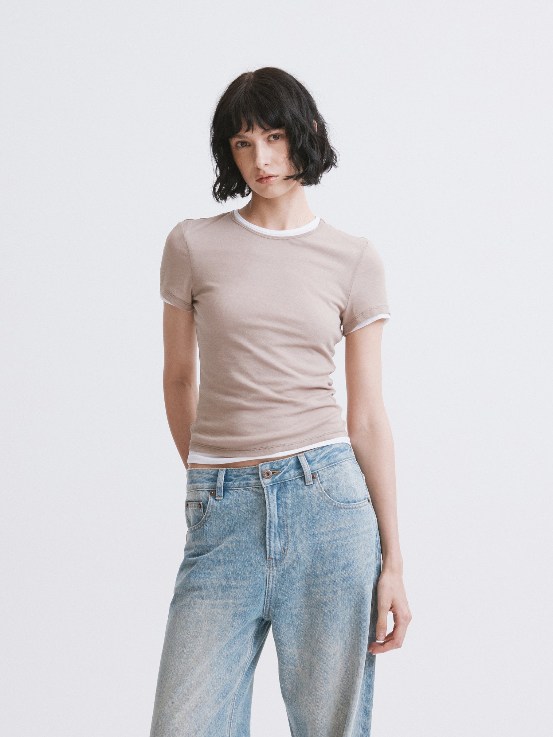 Lightweight Mock Two-Piece Color-Block T-Shirt Apricot