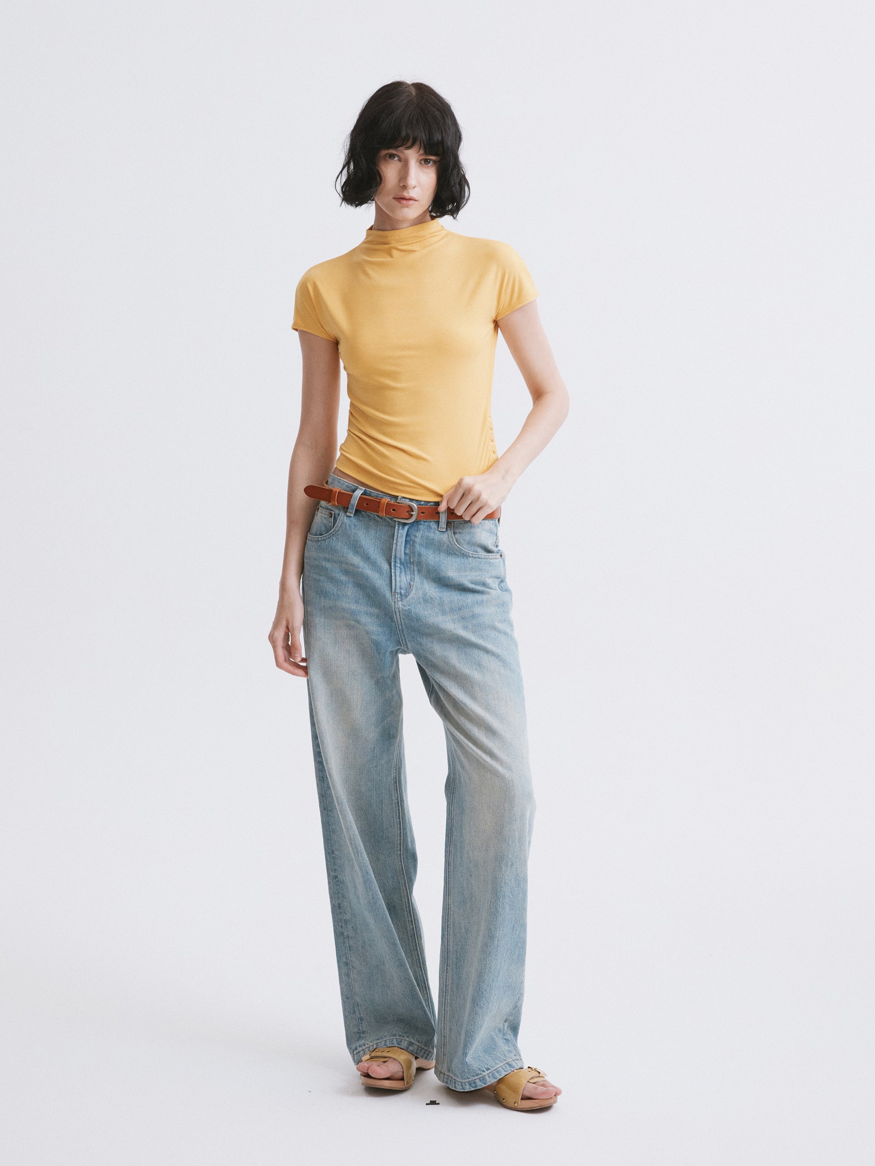 Mock Neck Slim Fit T-Shirt Yellow
