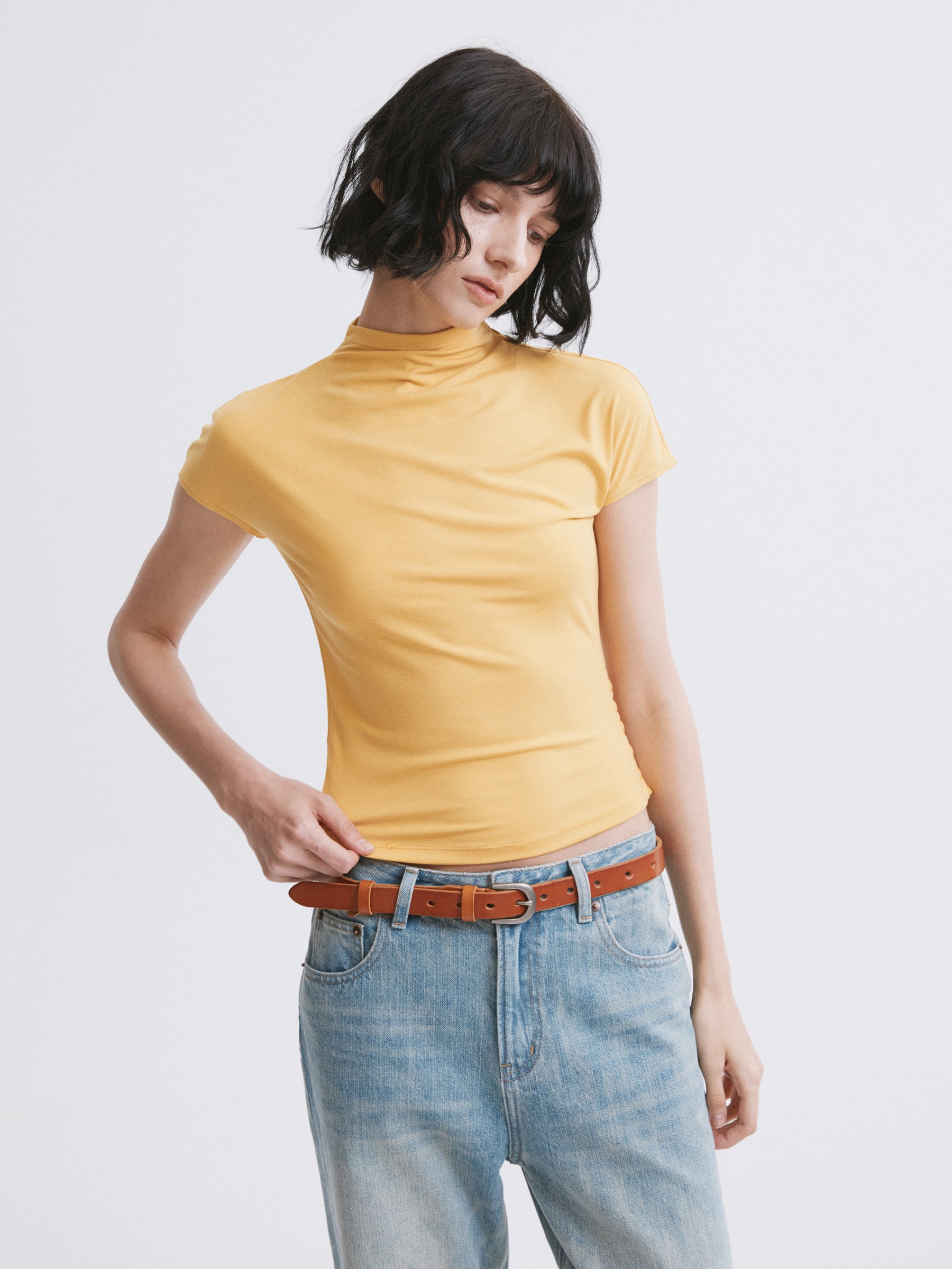 Mock Neck Slim Fit T-Shirt Yellow