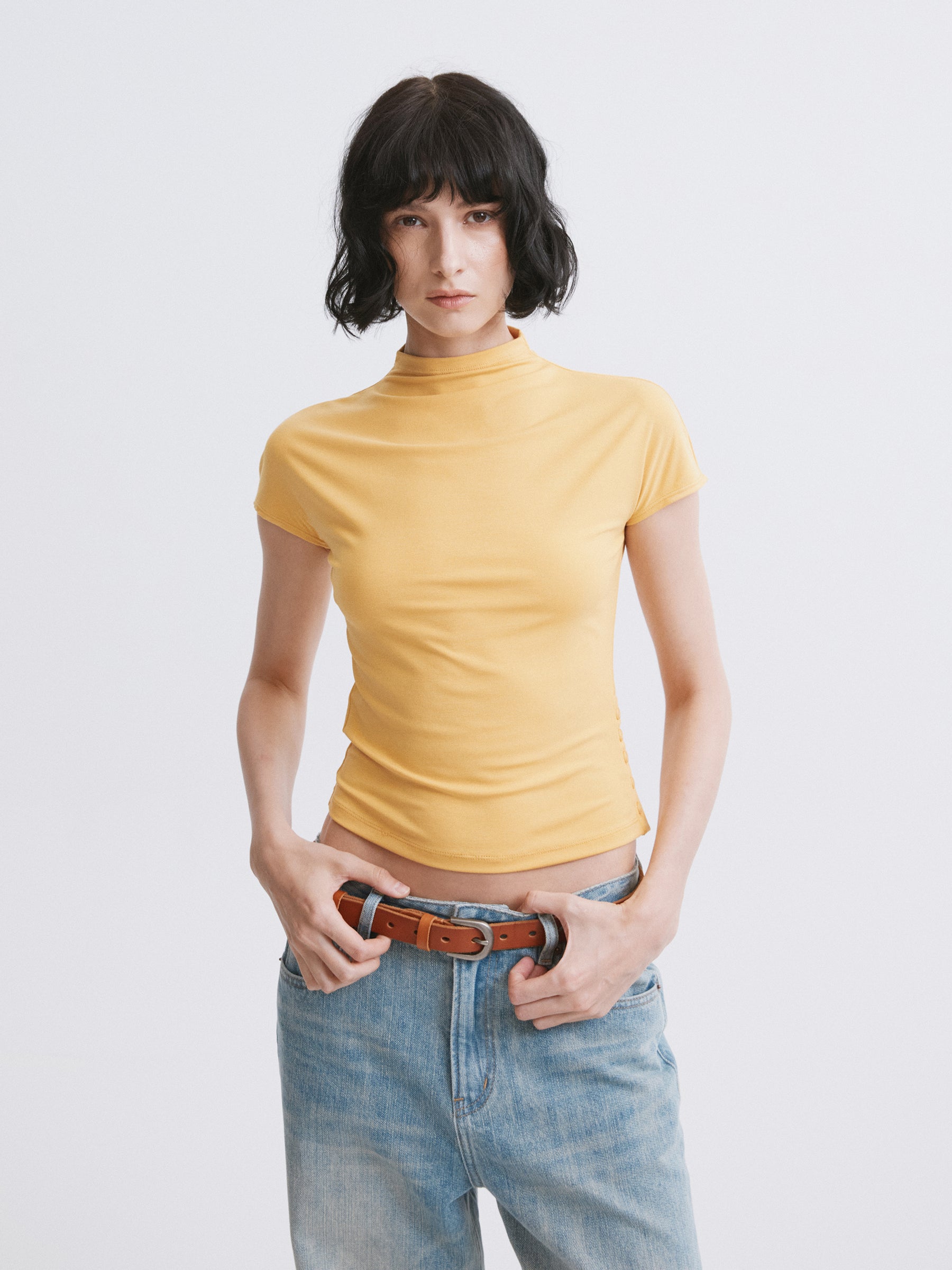 Mock Neck Slim Fit T-Shirt Yellow