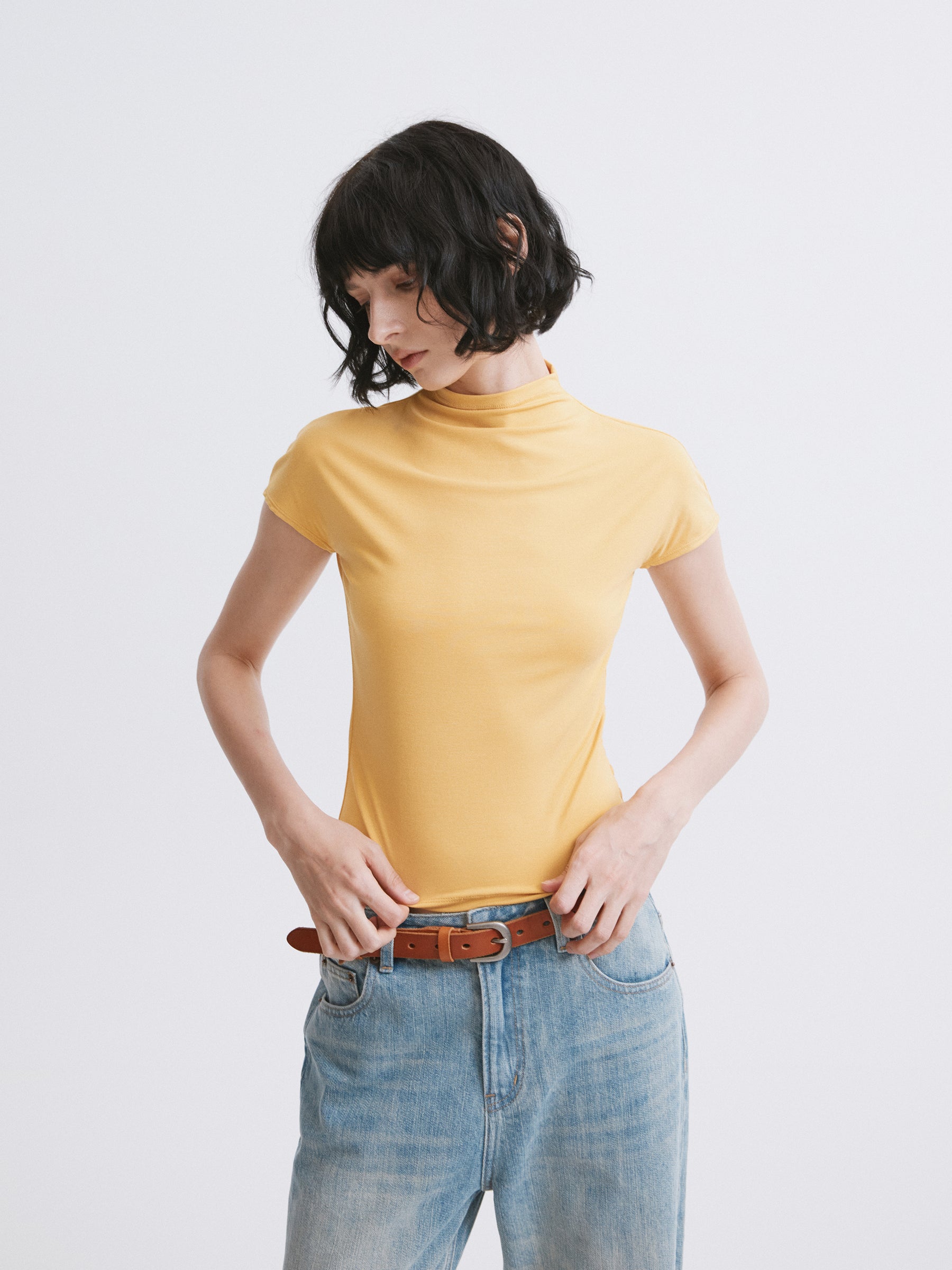 Mock Neck Slim Fit T-Shirt Yellow