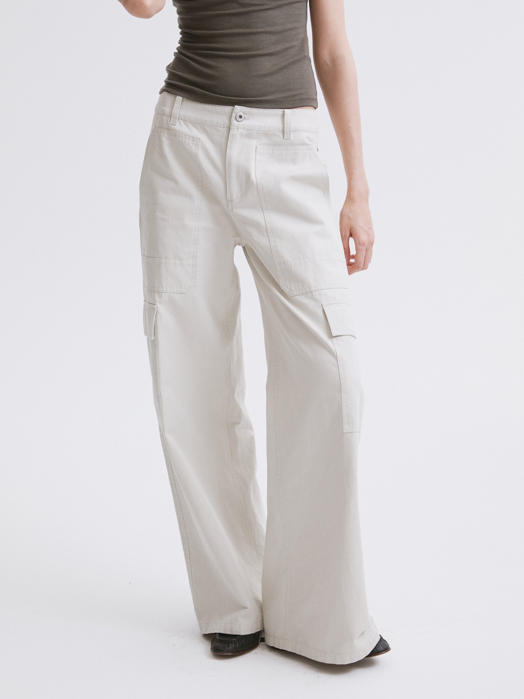 Mid-Low Waist Cargo Pocket Wide-Leg Straight Cargo Pants Light gray