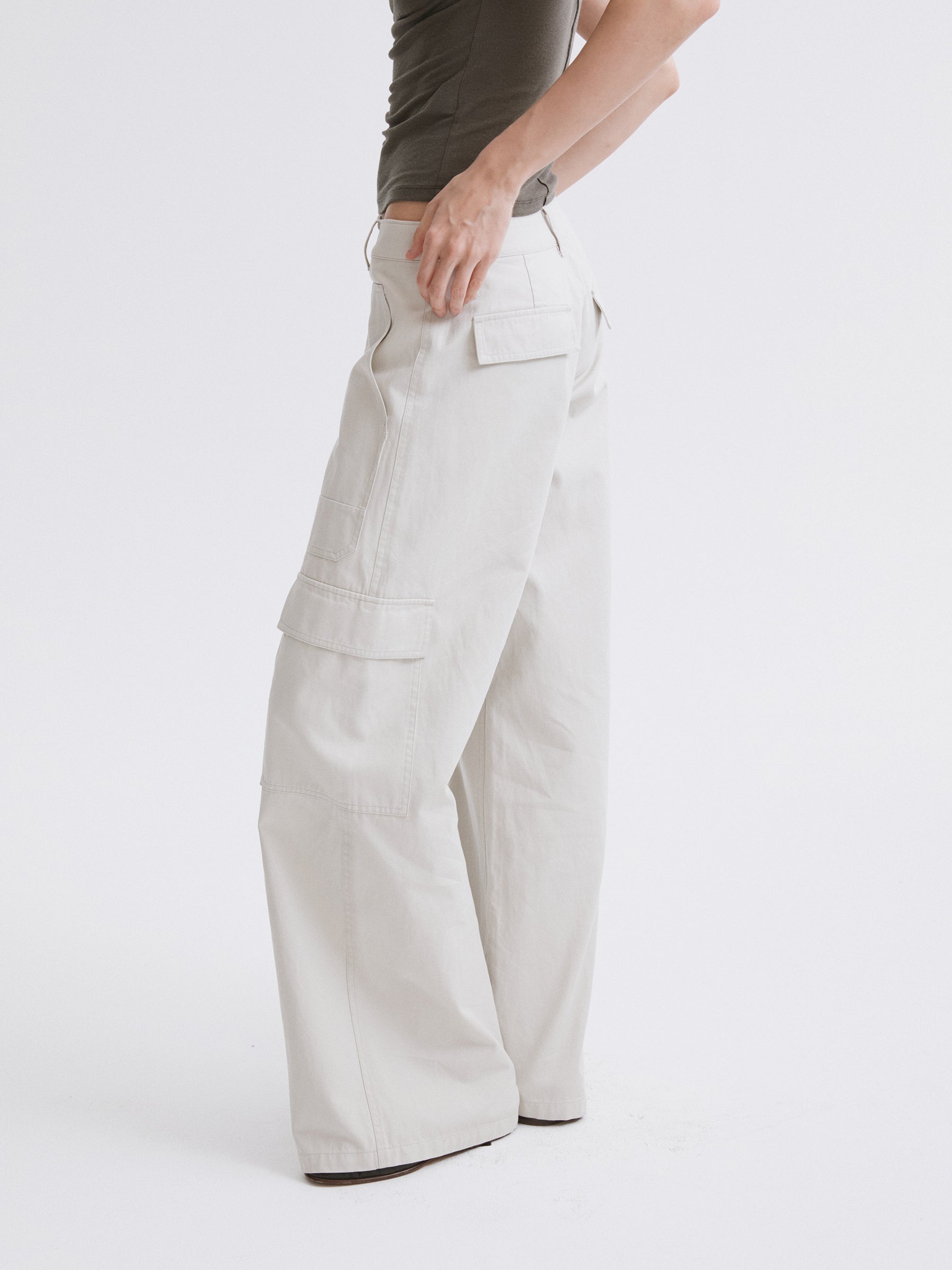 Mid-Low Waist Cargo Pocket Wide-Leg Straight Cargo Pants Light gray