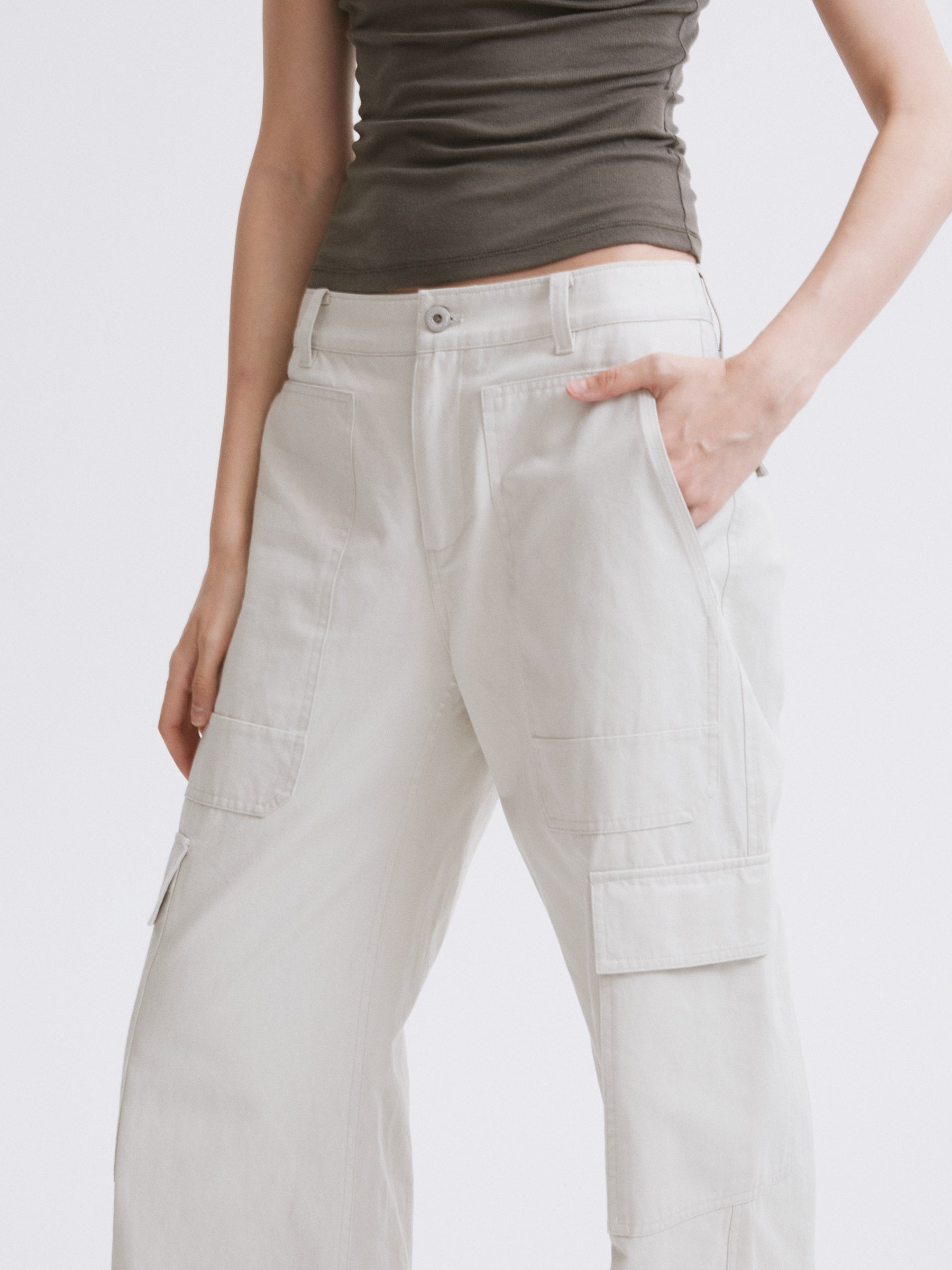 Mid-Low Waist Cargo Pocket Wide-Leg Straight Cargo Pants Light gray