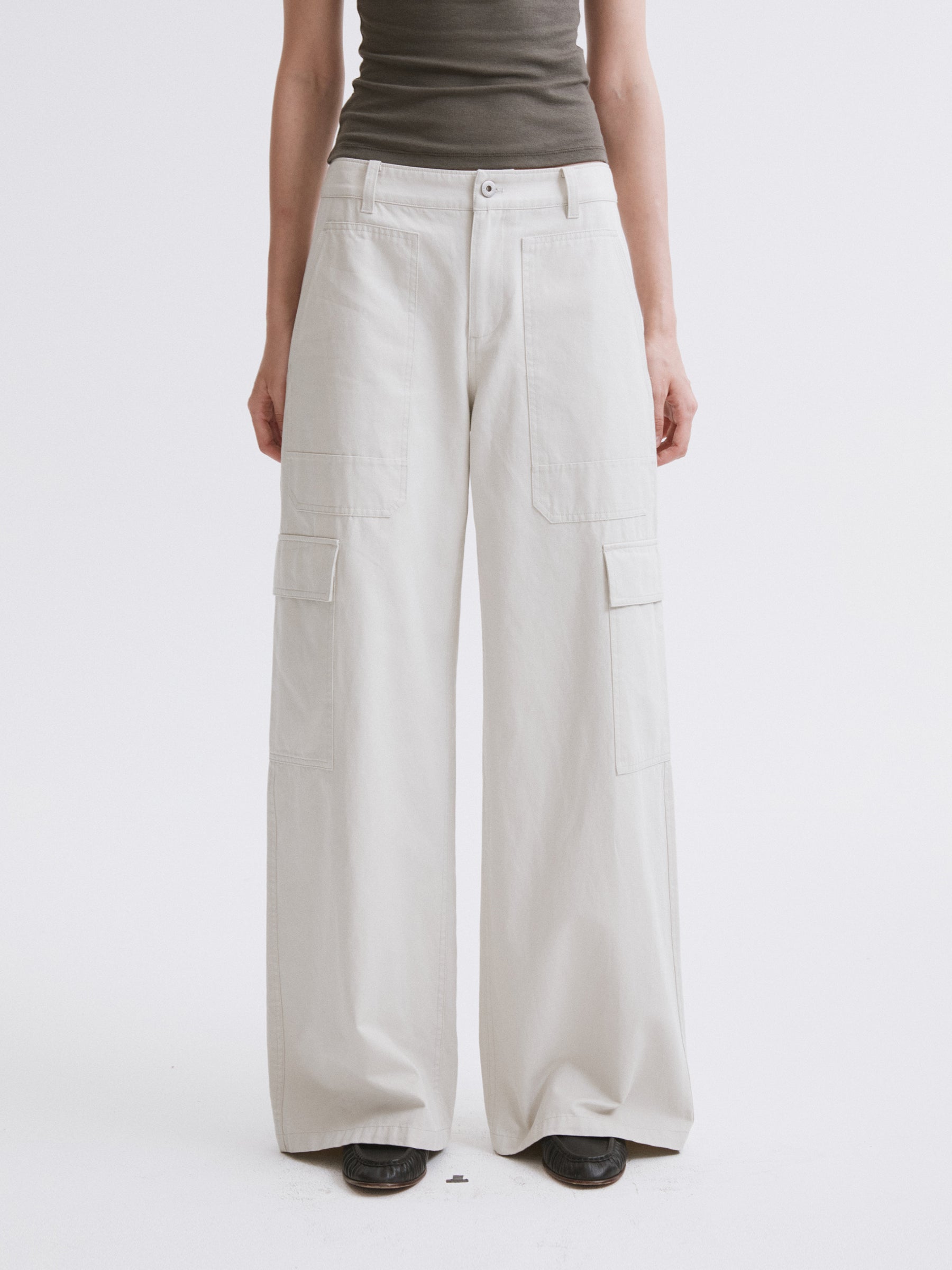 Mid-Low Waist Cargo Pocket Wide-Leg Straight Cargo Pants Light gray