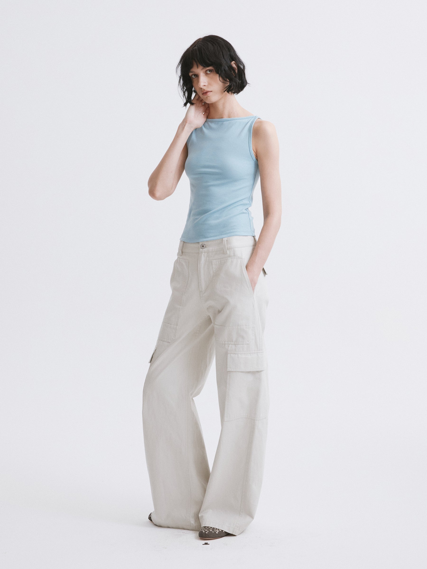 Mid-Low Waist Cargo Pocket Wide-Leg Straight Cargo Pants Light gray