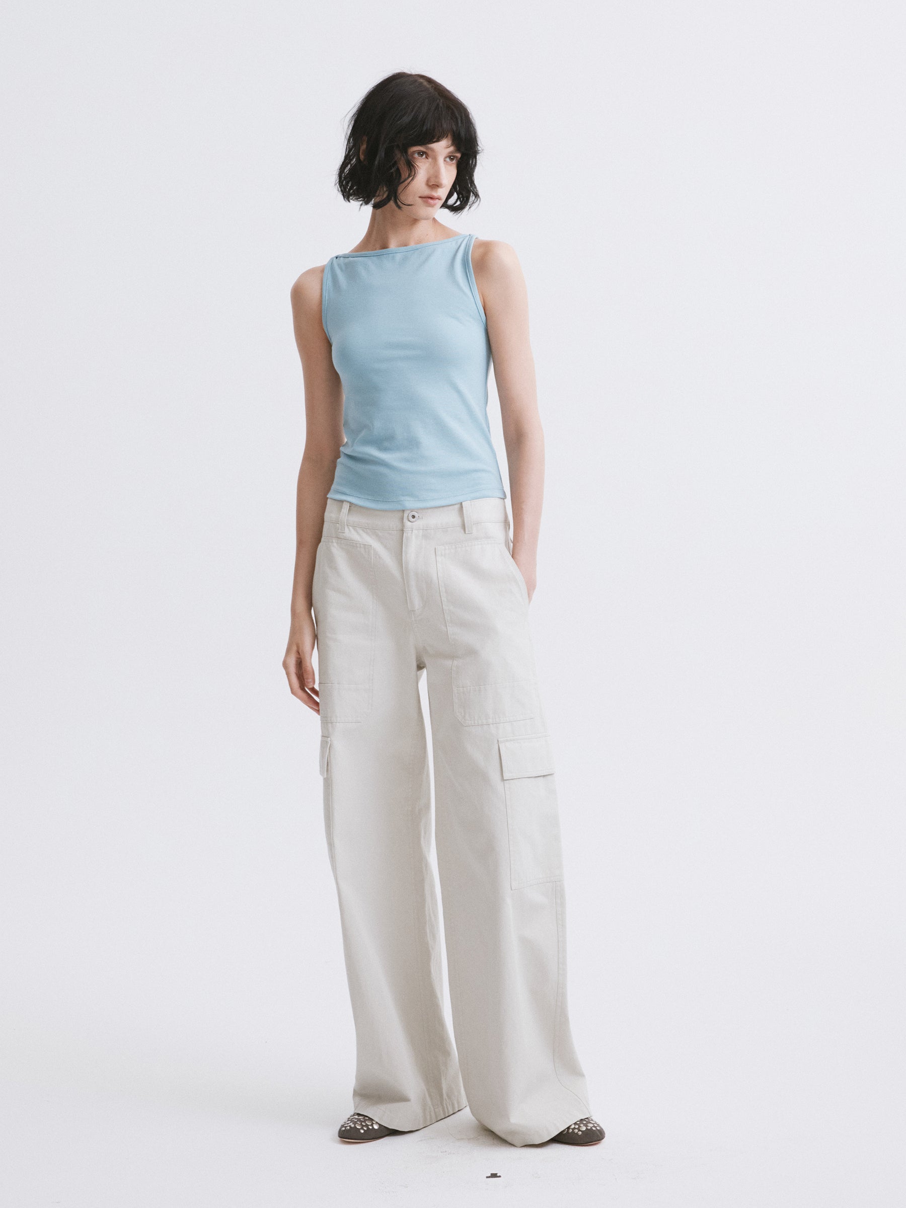 Mid-Low Waist Cargo Pocket Wide-Leg Straight Cargo Pants Light gray