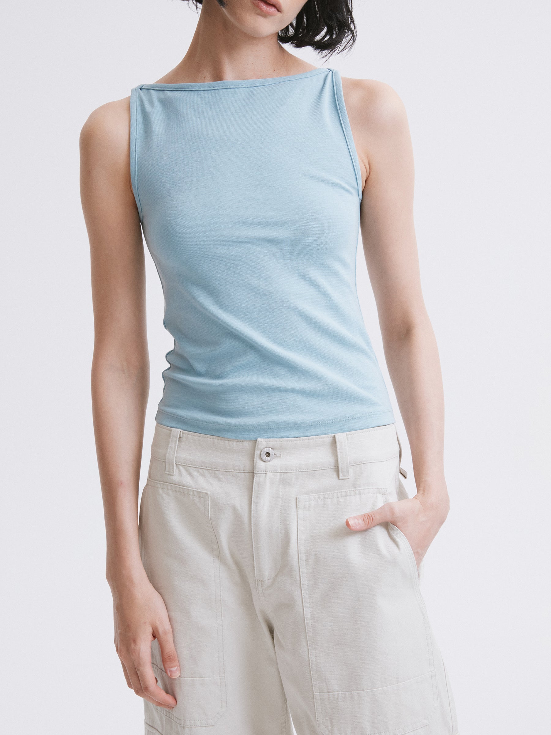 Off-Shoulder Fitted Tank Top Blue