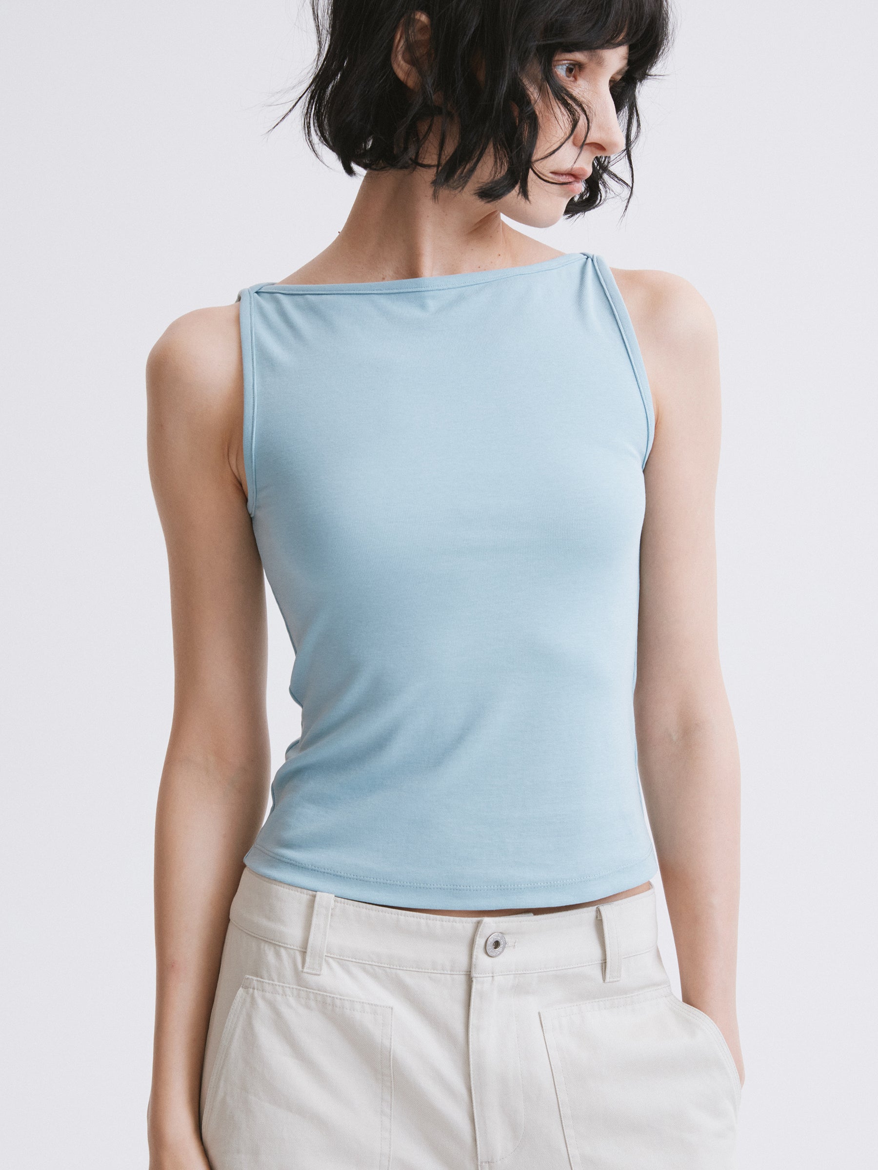 Off-Shoulder Fitted Tank Top Blue