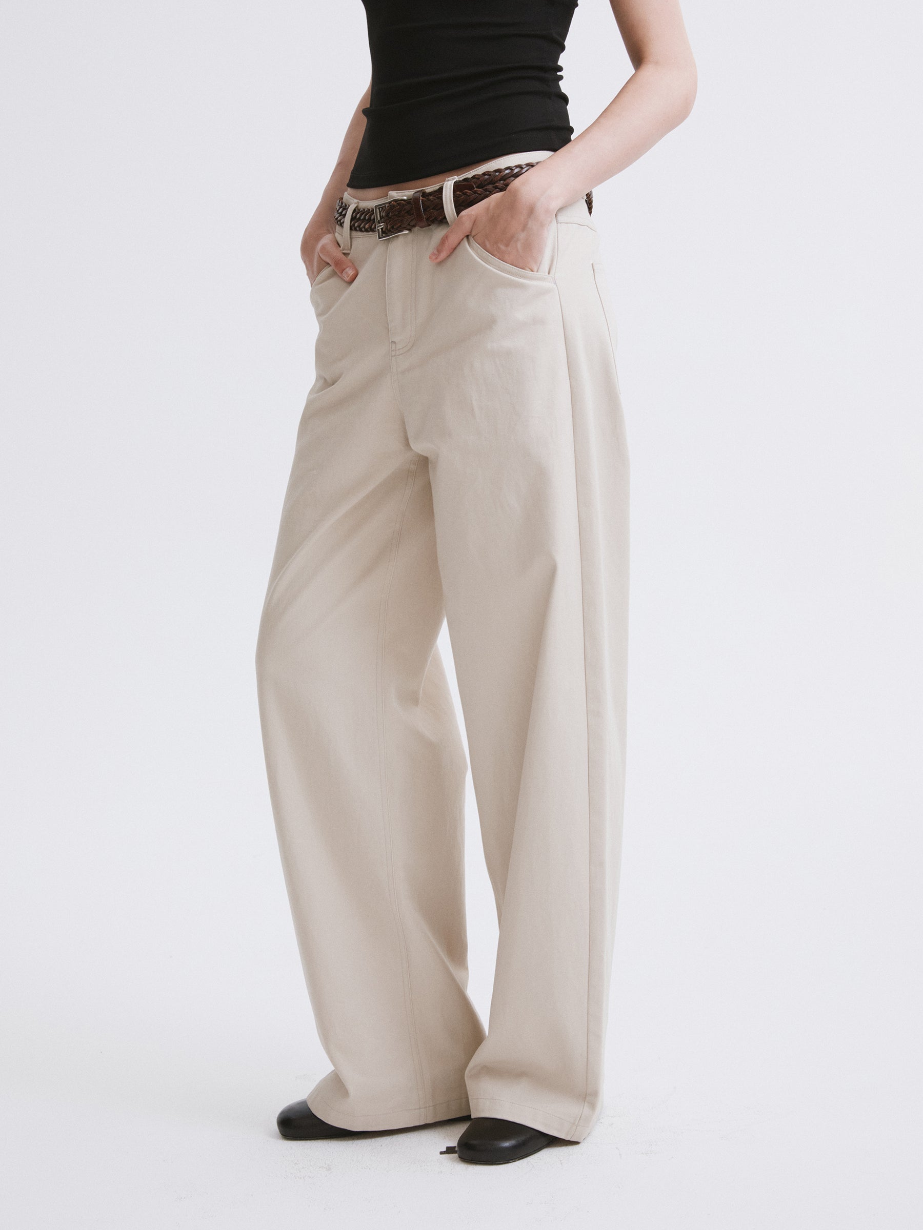 Mid-Low Rise Straight-Leg Basic Casual Pants Khaki