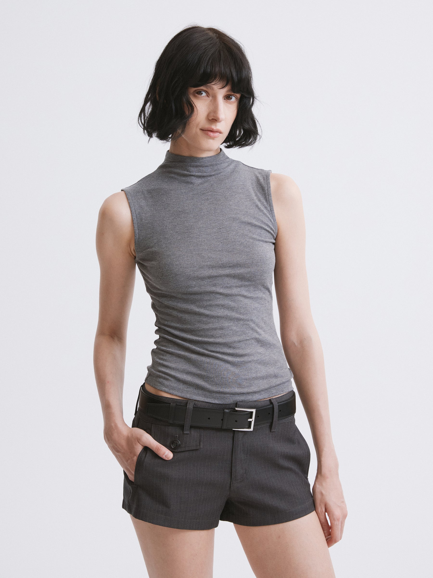 Mock Neck Knit Tank Top Gray