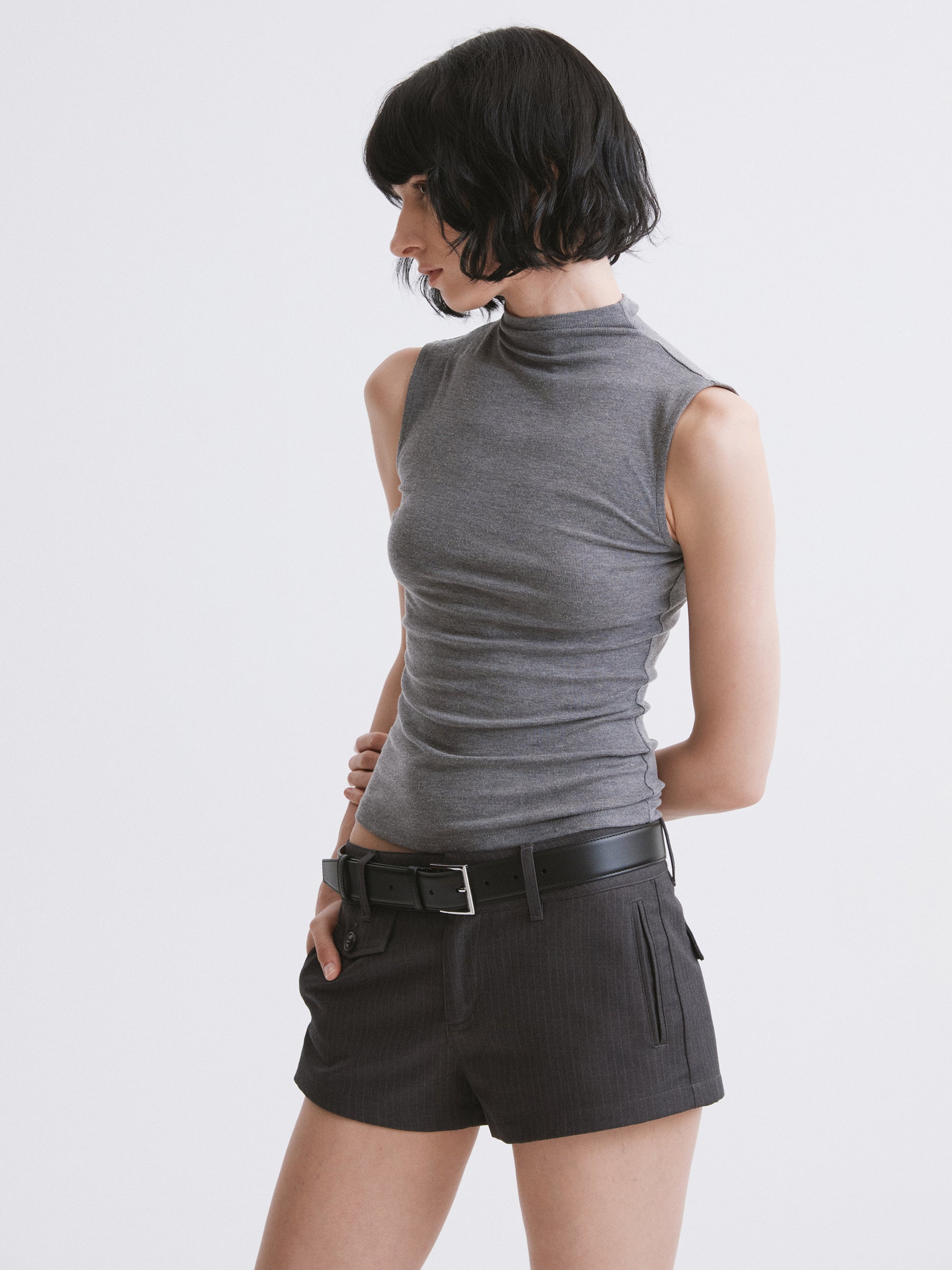 Mock Neck Knit Tank Top Gray