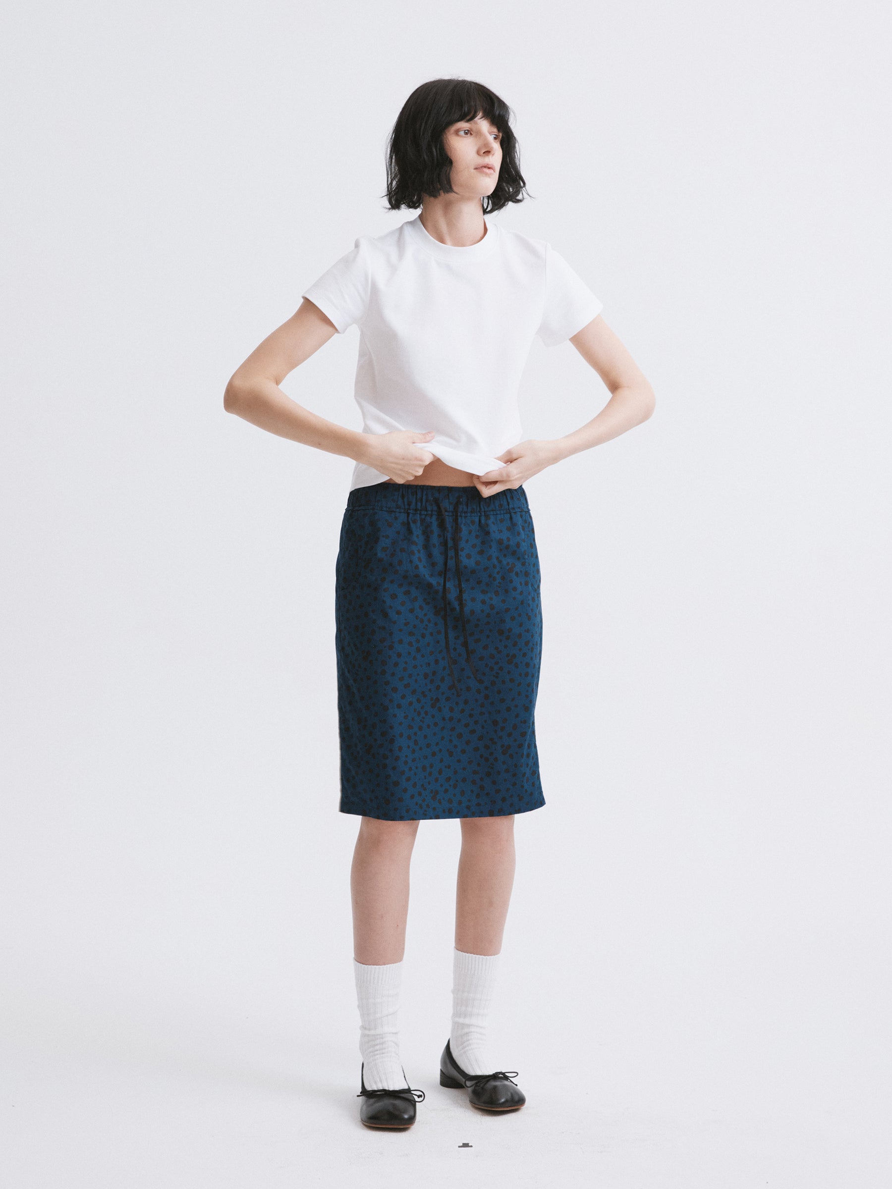 Mid-Low Waist Spot Print Elastic Drawstring Midi Skirt Blue