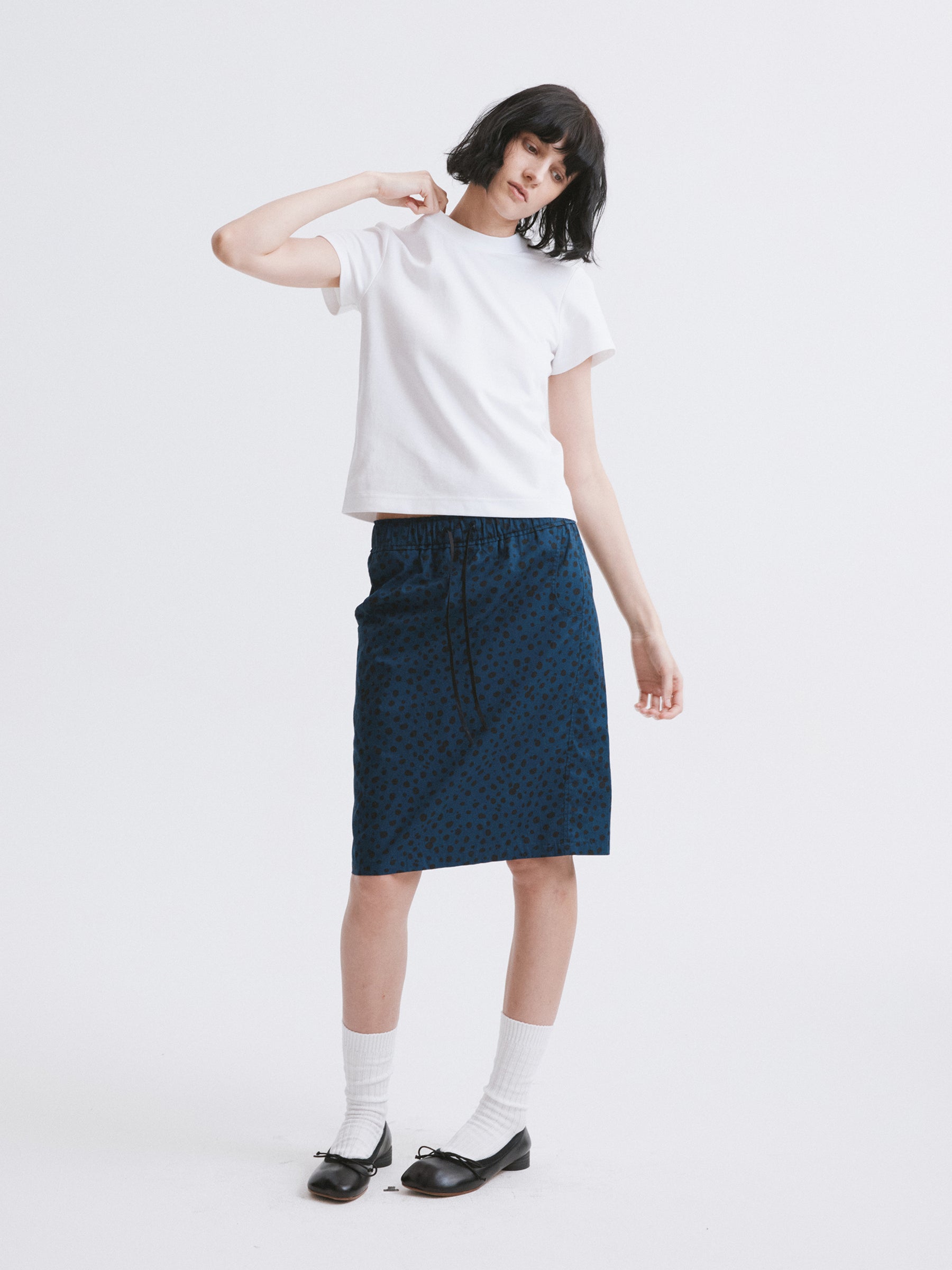 Mid-Low Waist Spot Print Elastic Drawstring Midi Skirt Blue