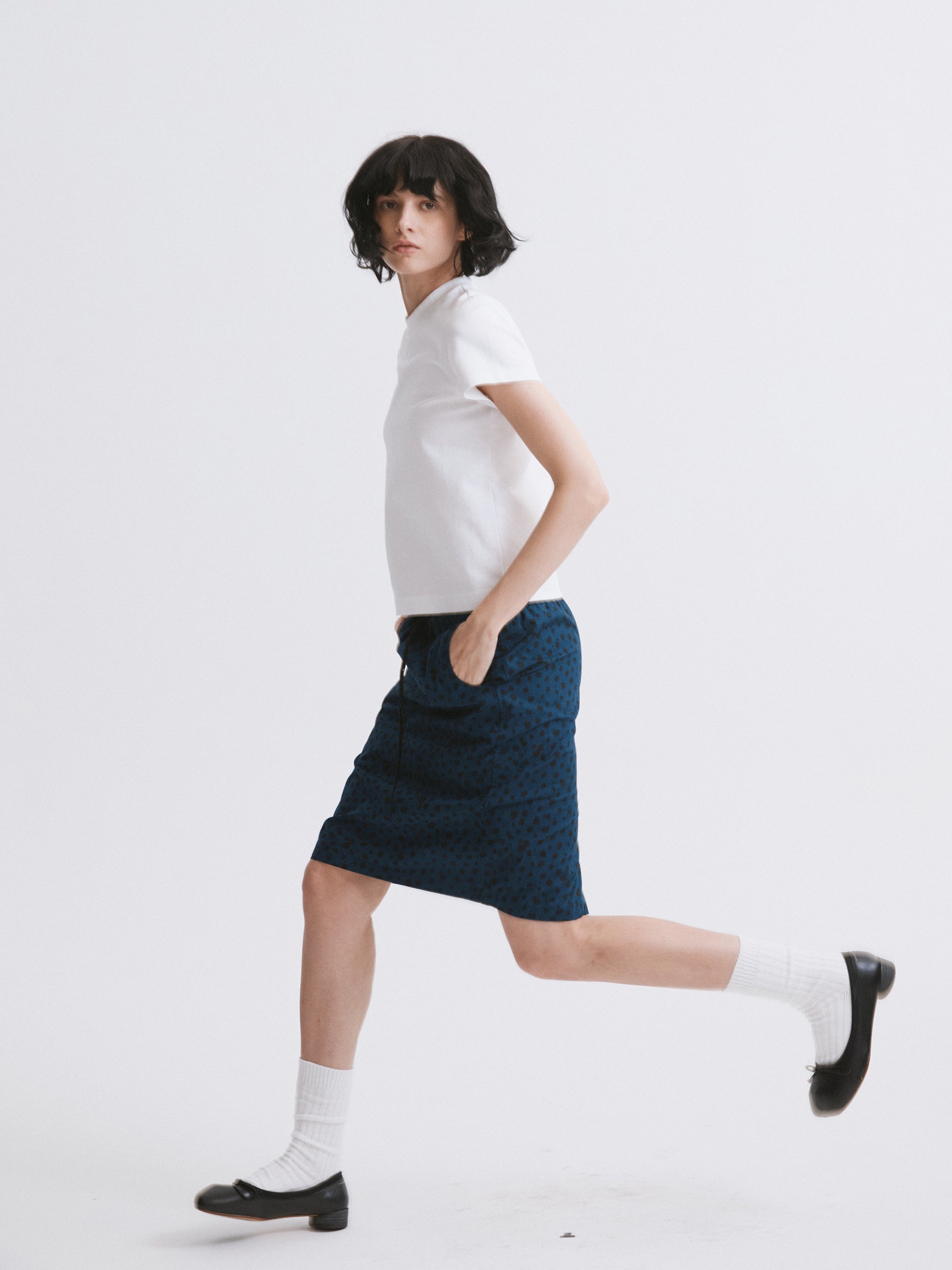Mid-Low Waist Spot Print Elastic Drawstring Midi Skirt Blue