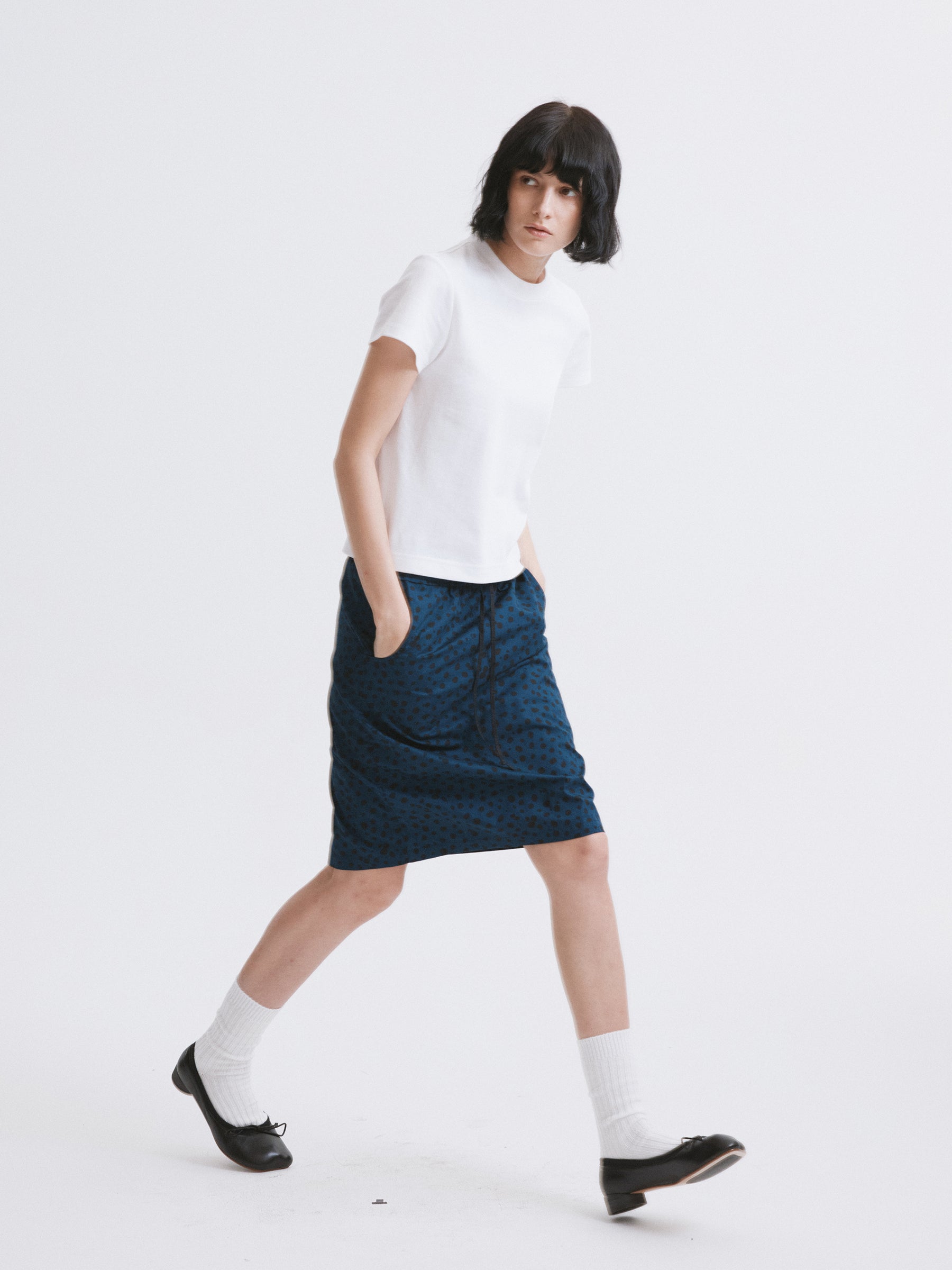 Mid-Low Waist Spot Print Elastic Drawstring Midi Skirt Blue