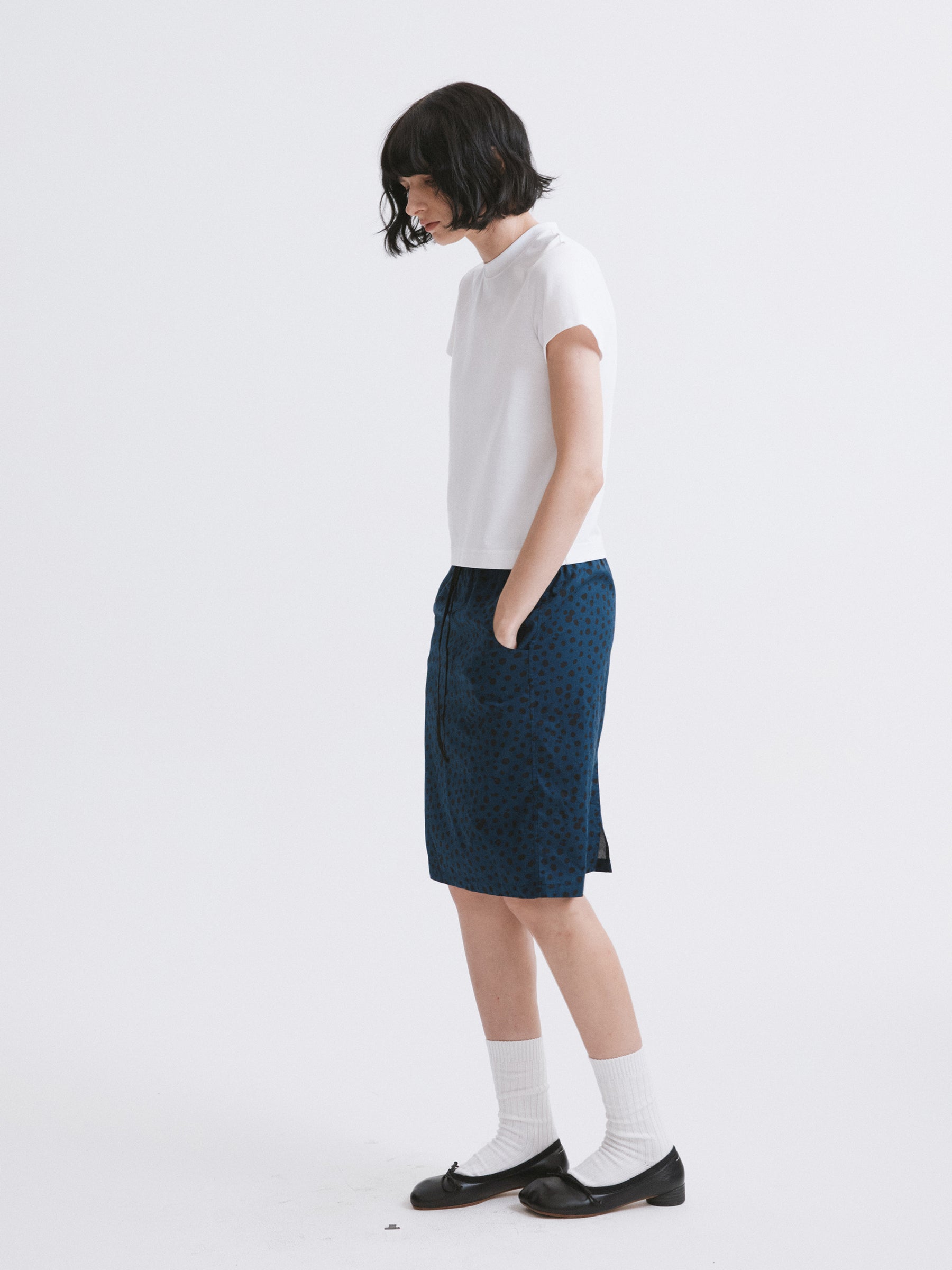 Mid-Low Waist Spot Print Elastic Drawstring Midi Skirt Blue
