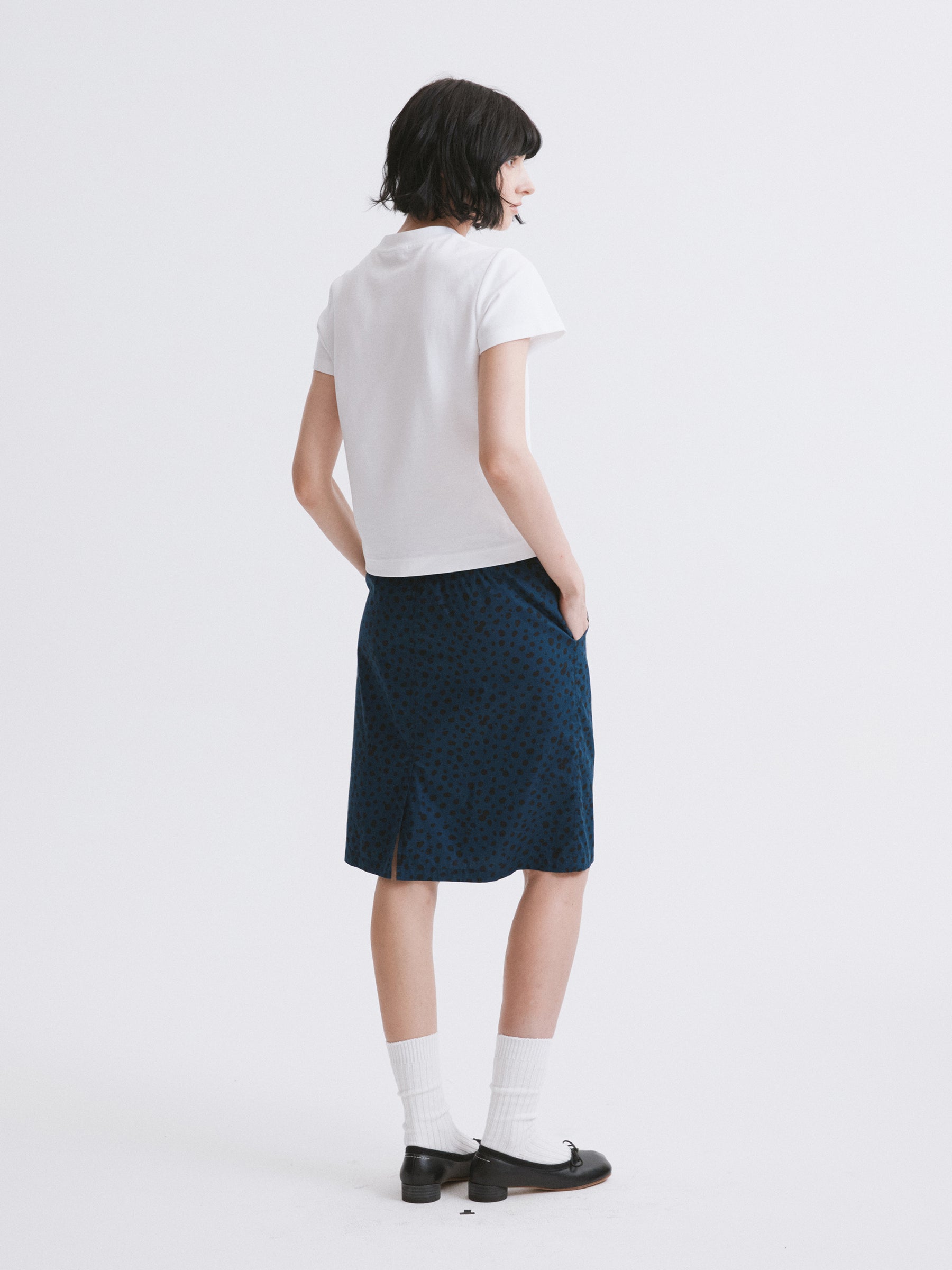 Mid-Low Waist Spot Print Elastic Drawstring Midi Skirt Blue