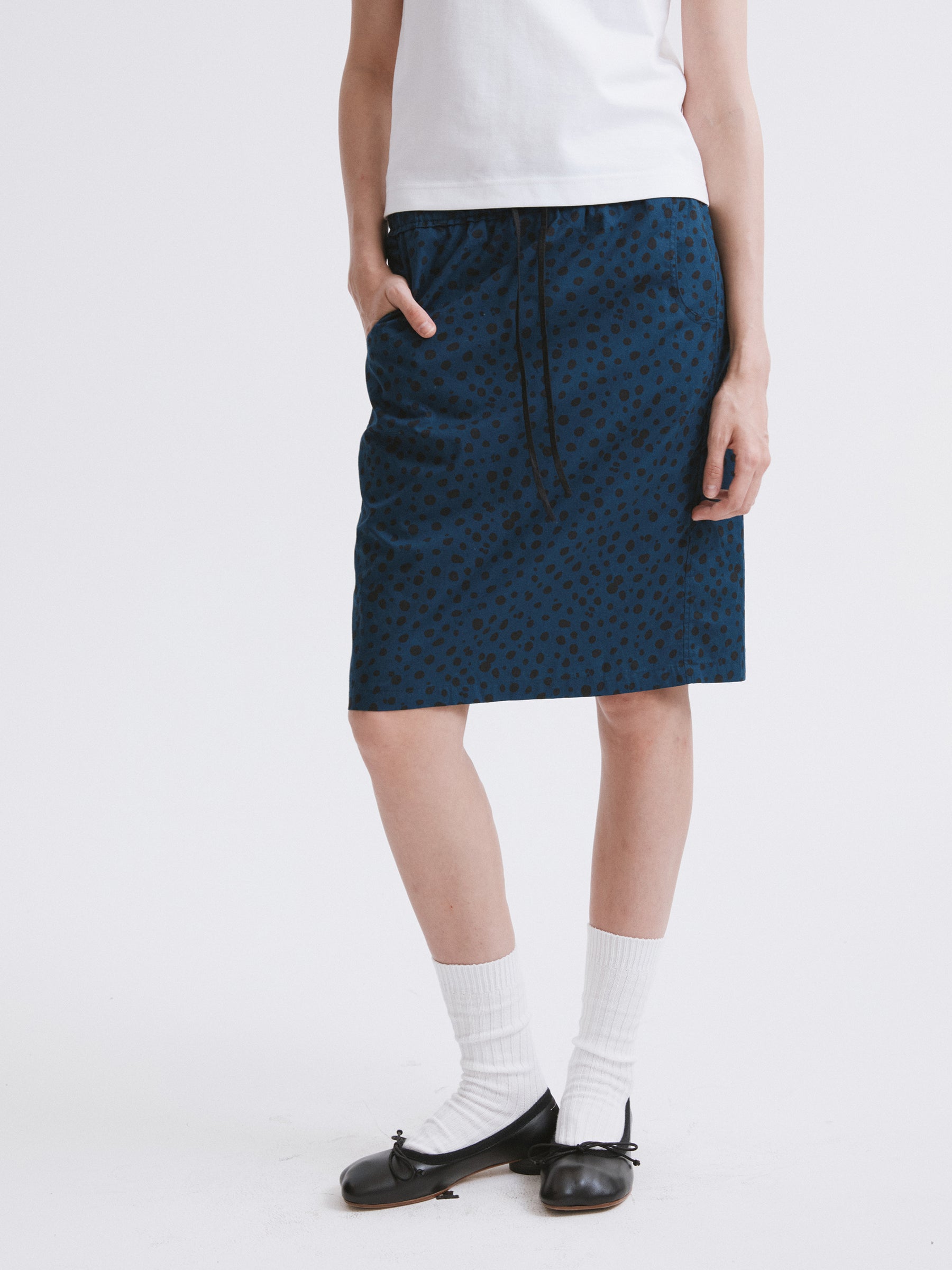 Mid-Low Waist Spot Print Elastic Drawstring Midi Skirt Blue