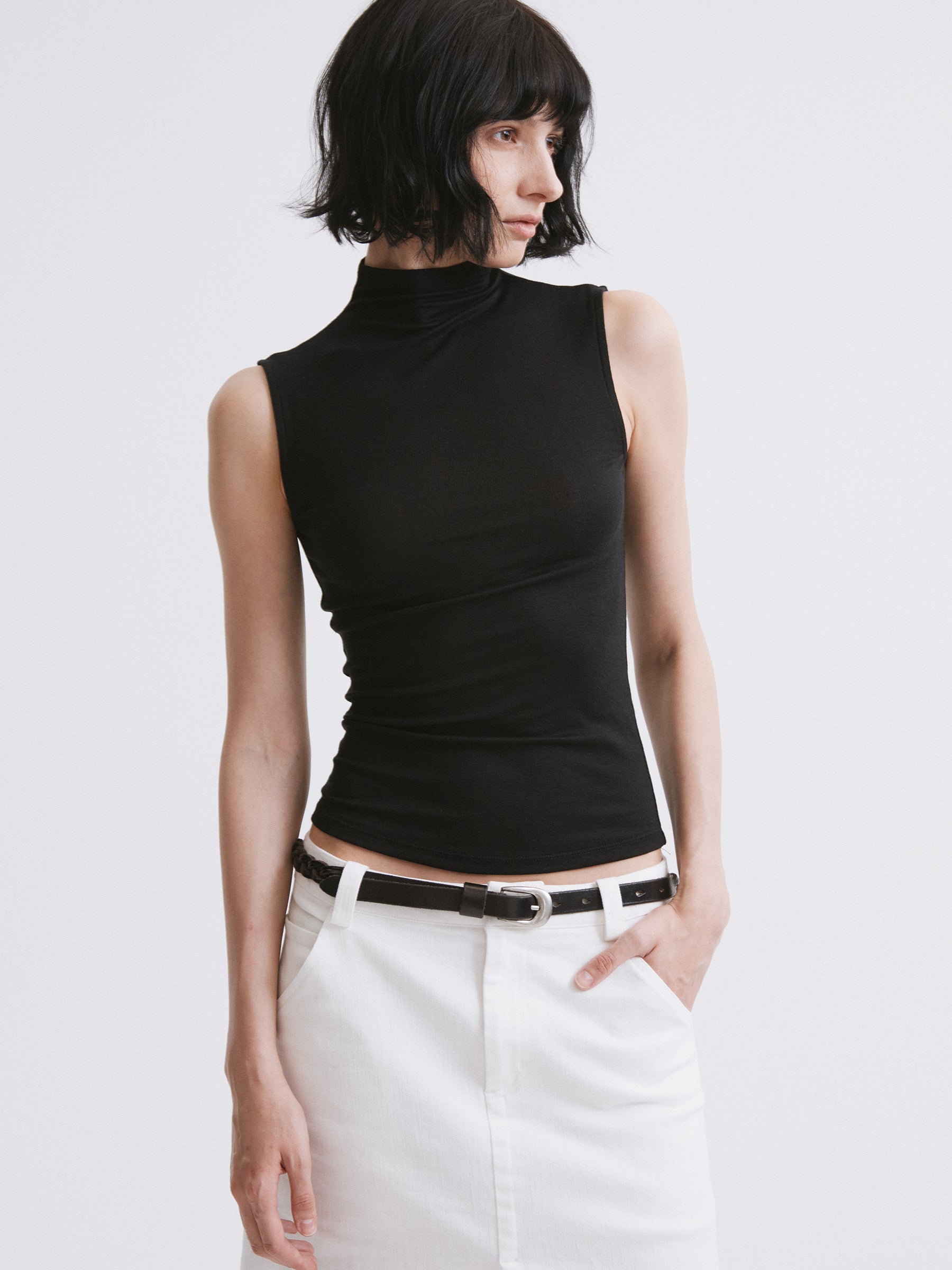 Mock Neck Knit Tank Top Black