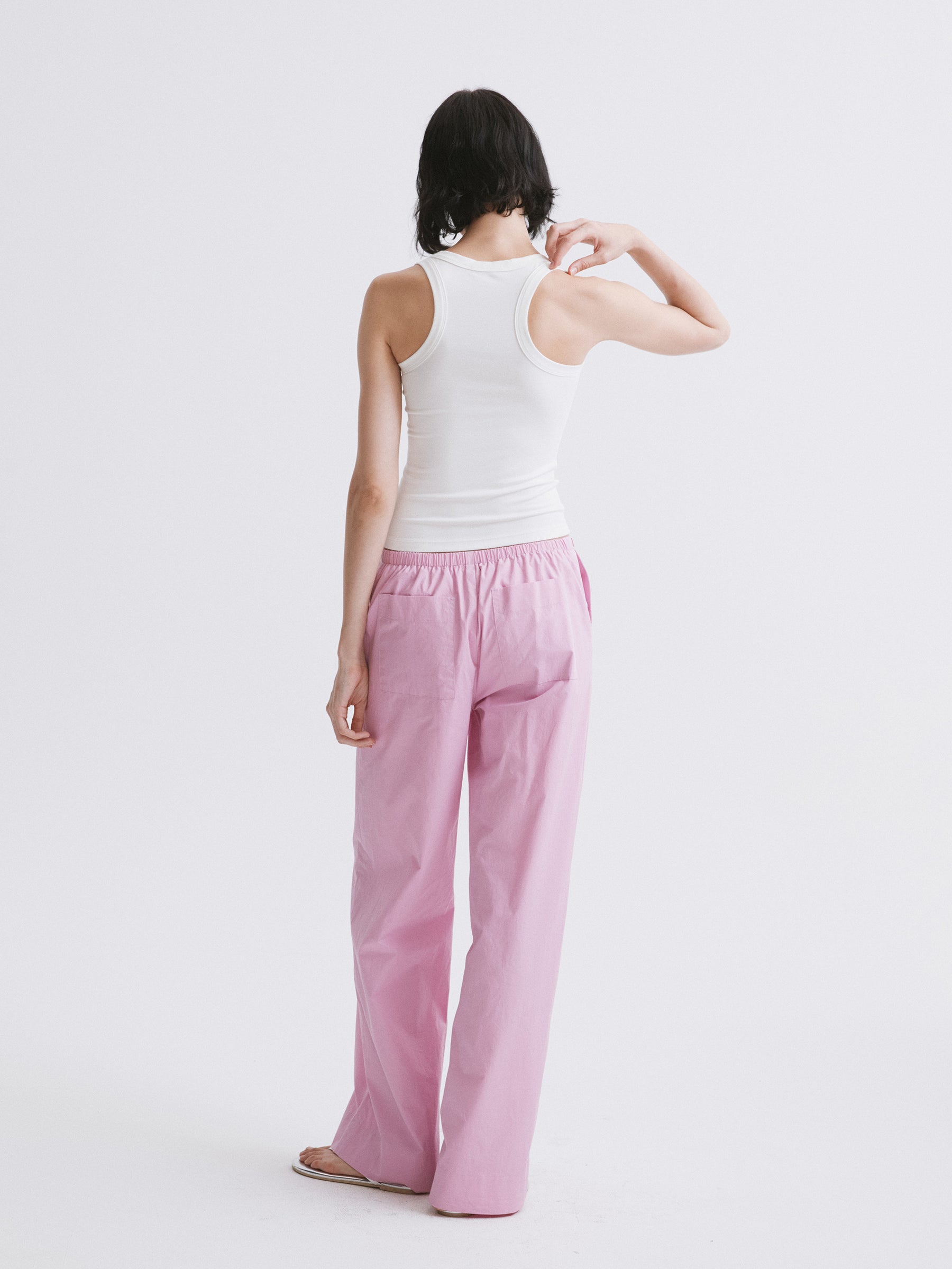 Mid-Rise Half-Elastic Waist Casual Pants Pinkish purple