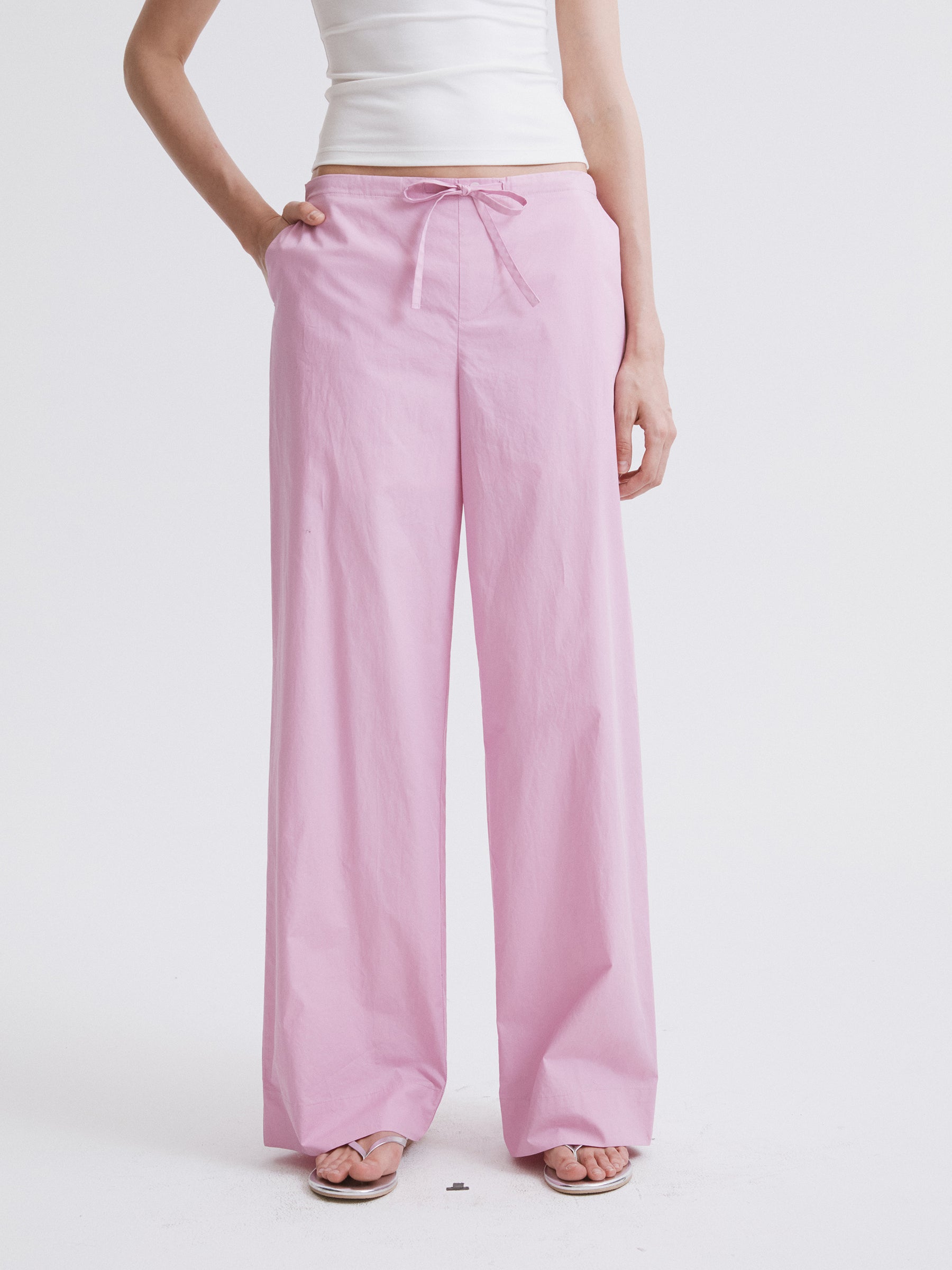 Mid-Rise Half-Elastic Waist Casual Pants Pinkish purple