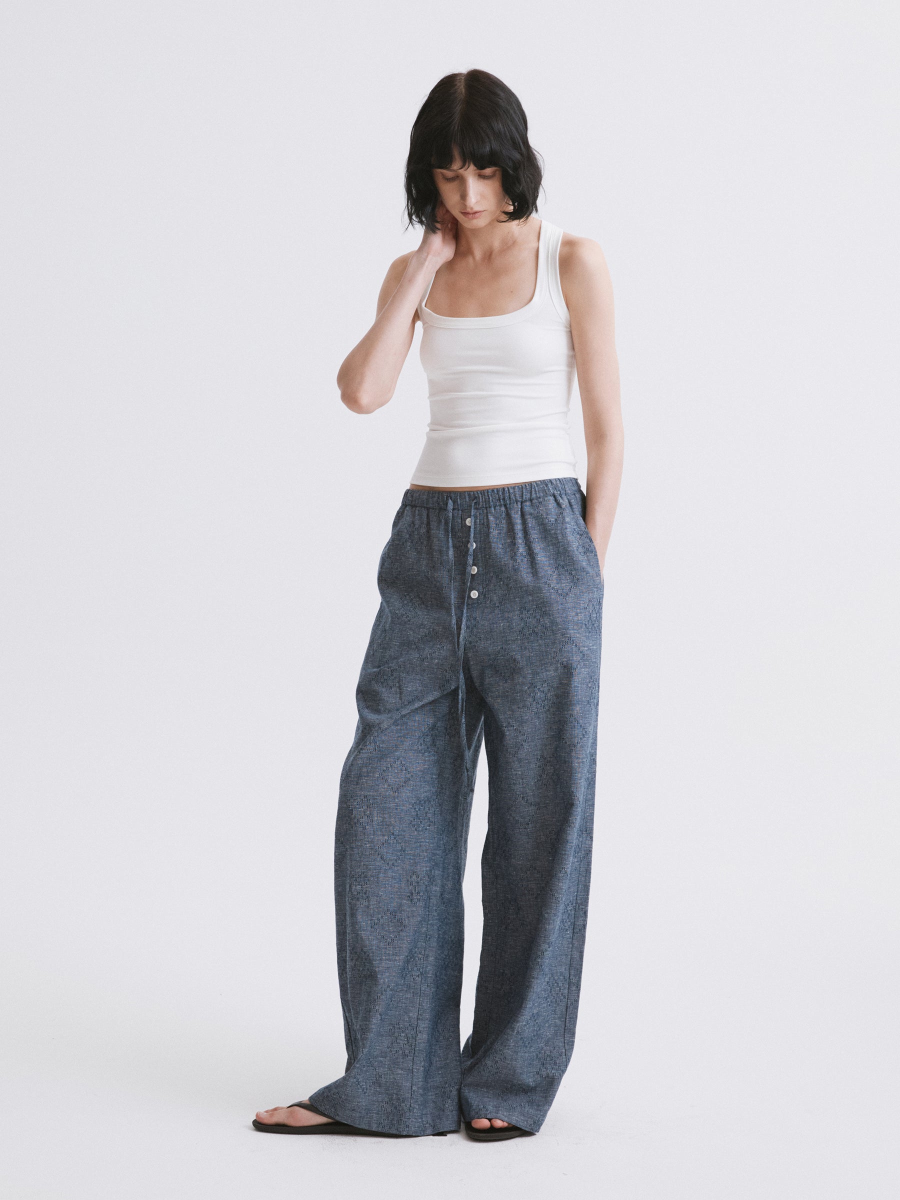 Elastic Waist Hemp Casual Pants Blue