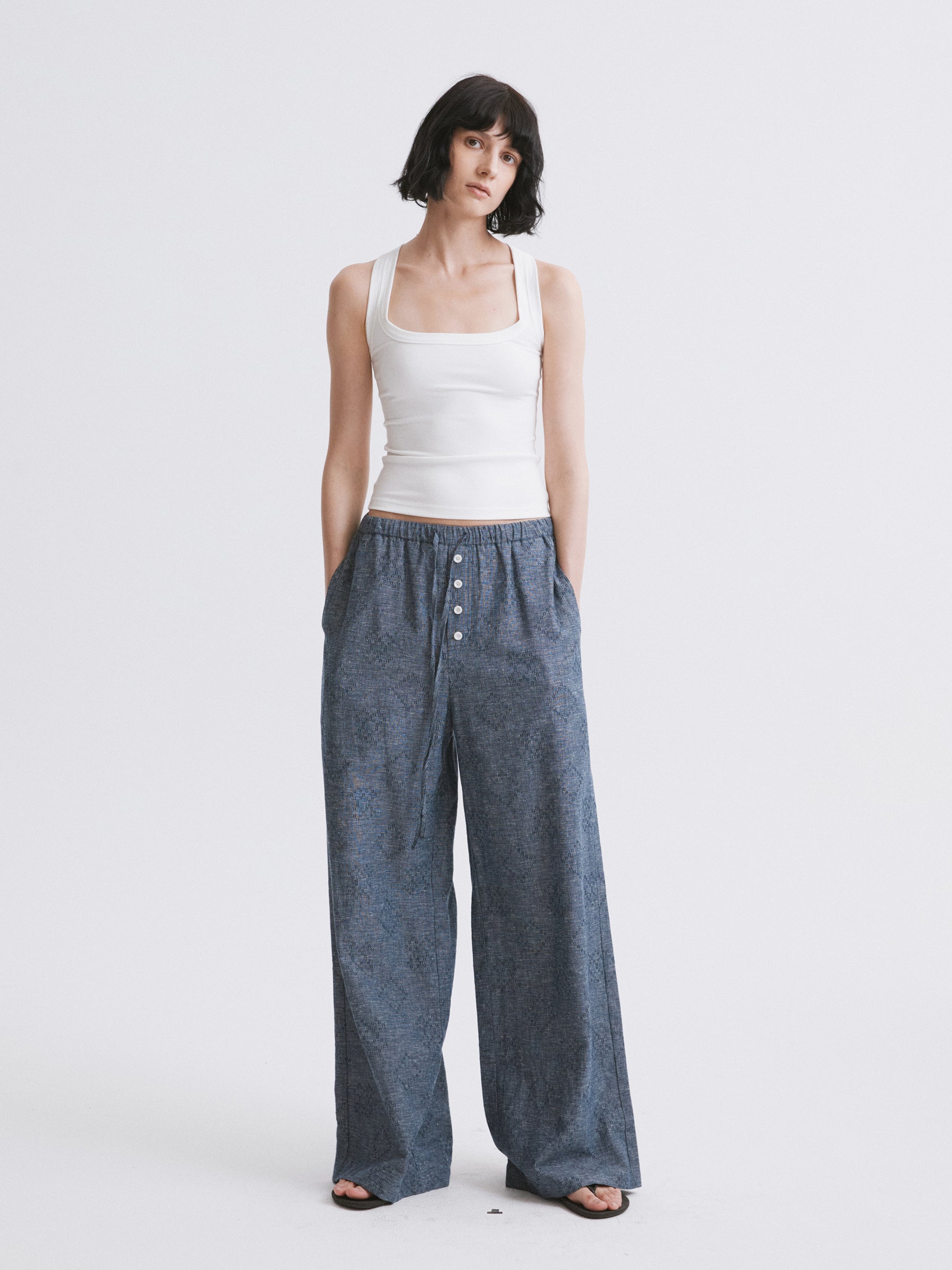 Elastic Waist Hemp Casual Pants Blue