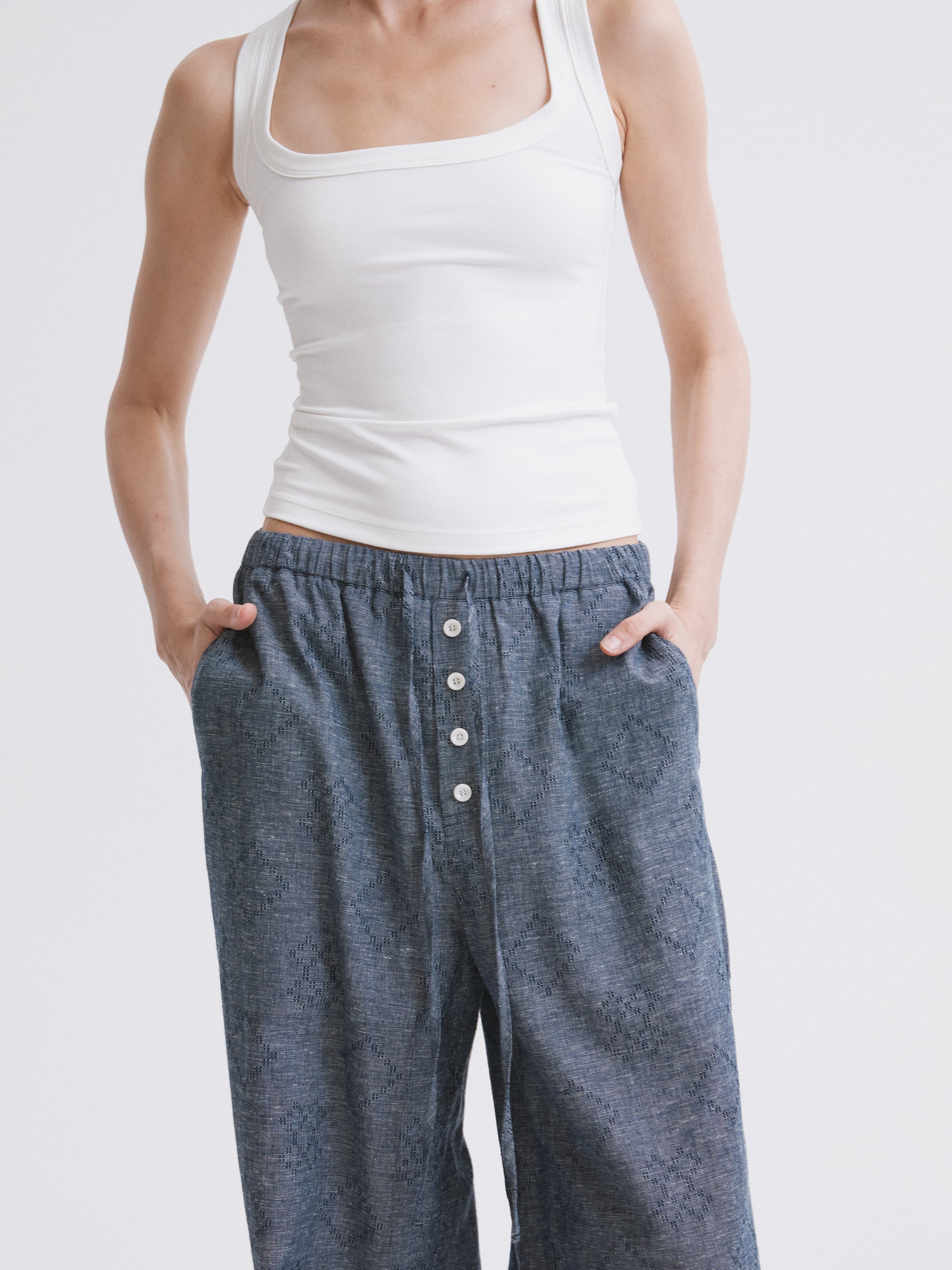 Elastic Waist Hemp Casual Pants Blue