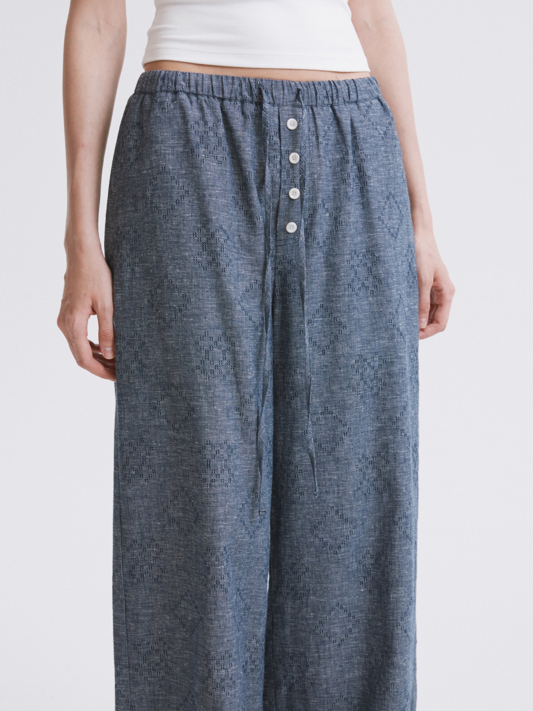 Elastic Waist Hemp Casual Pants Blue