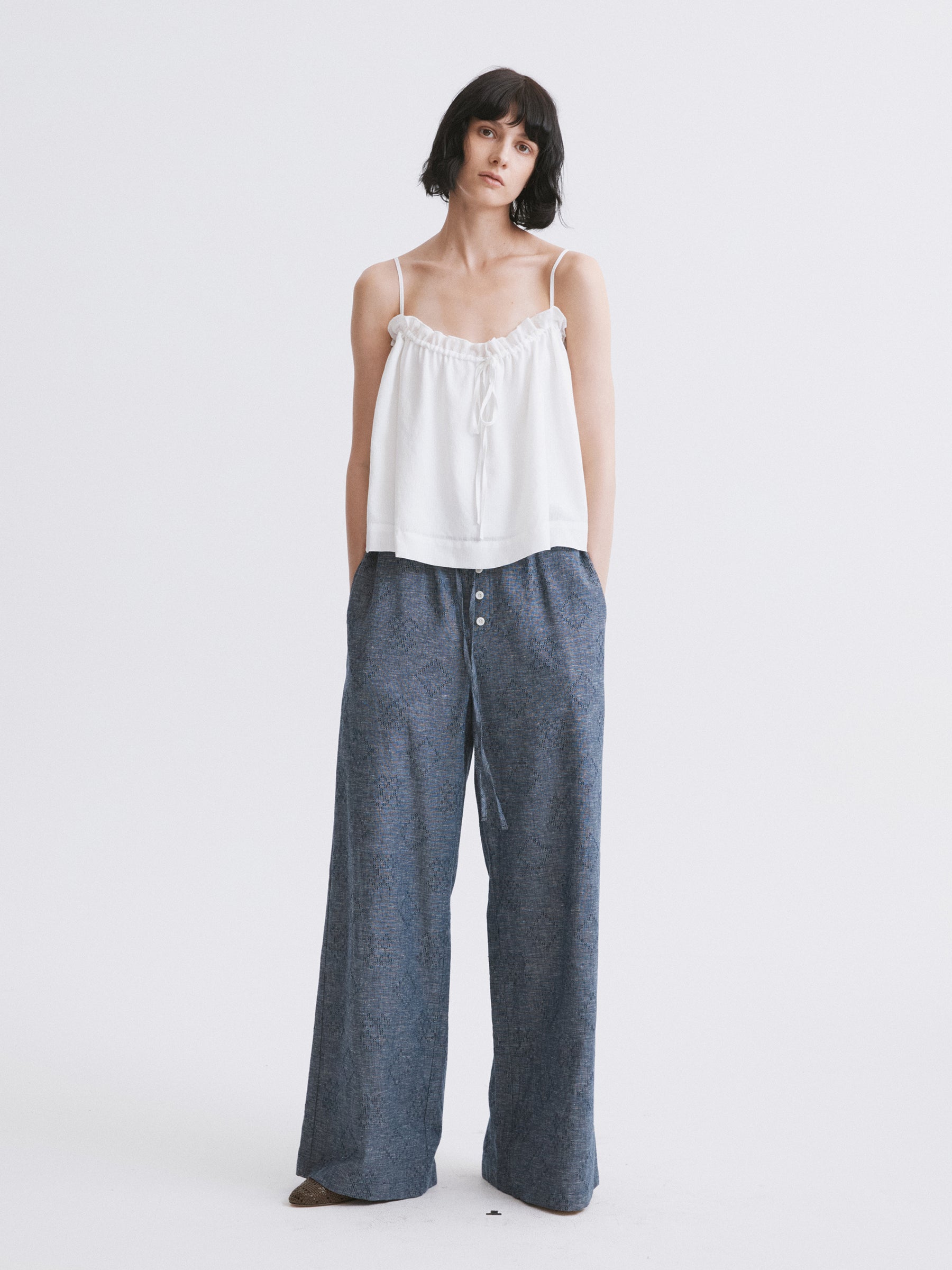 Elastic Waist Hemp Casual Pants Blue