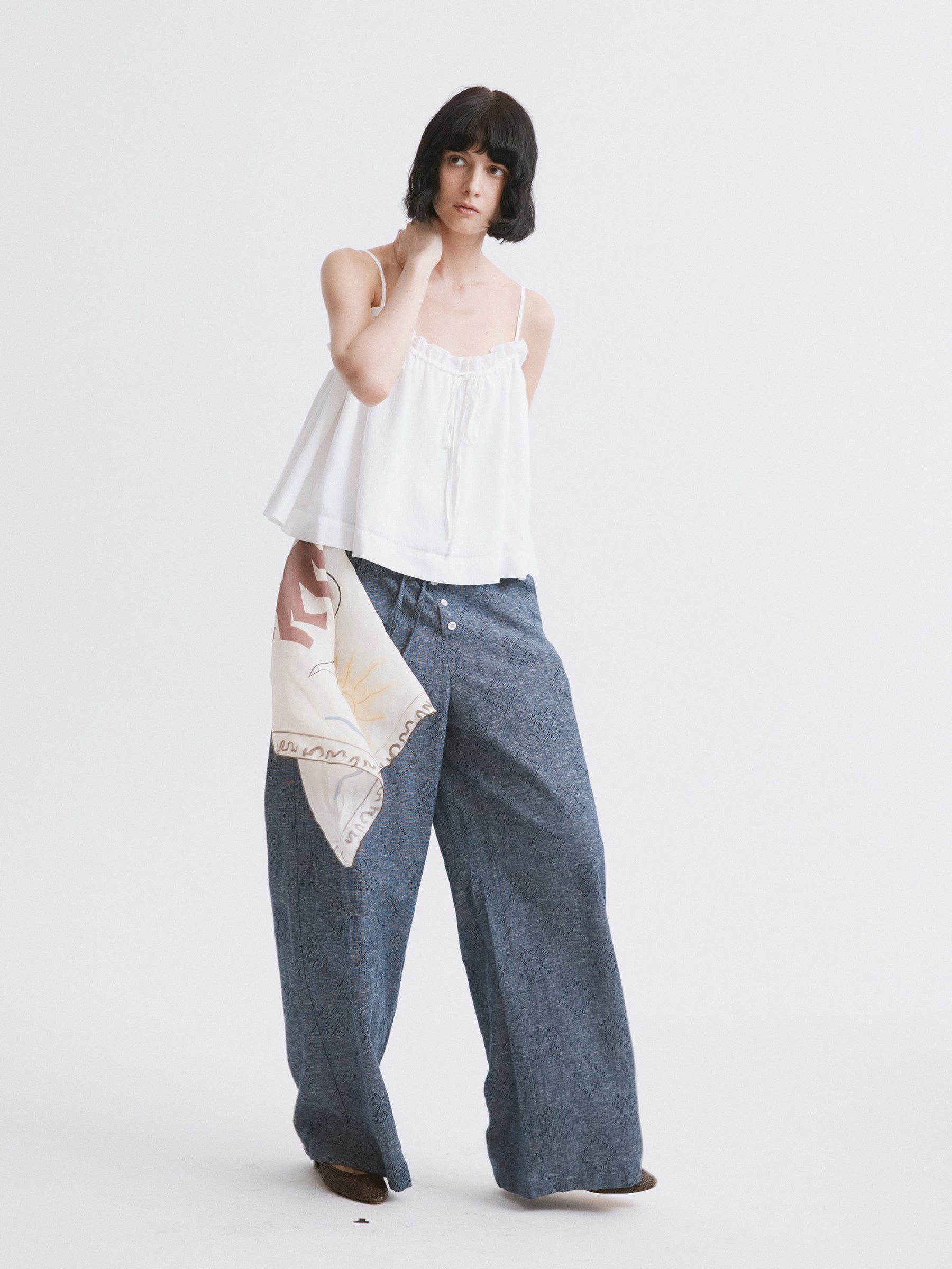 Elastic Waist Hemp Casual Pants Blue
