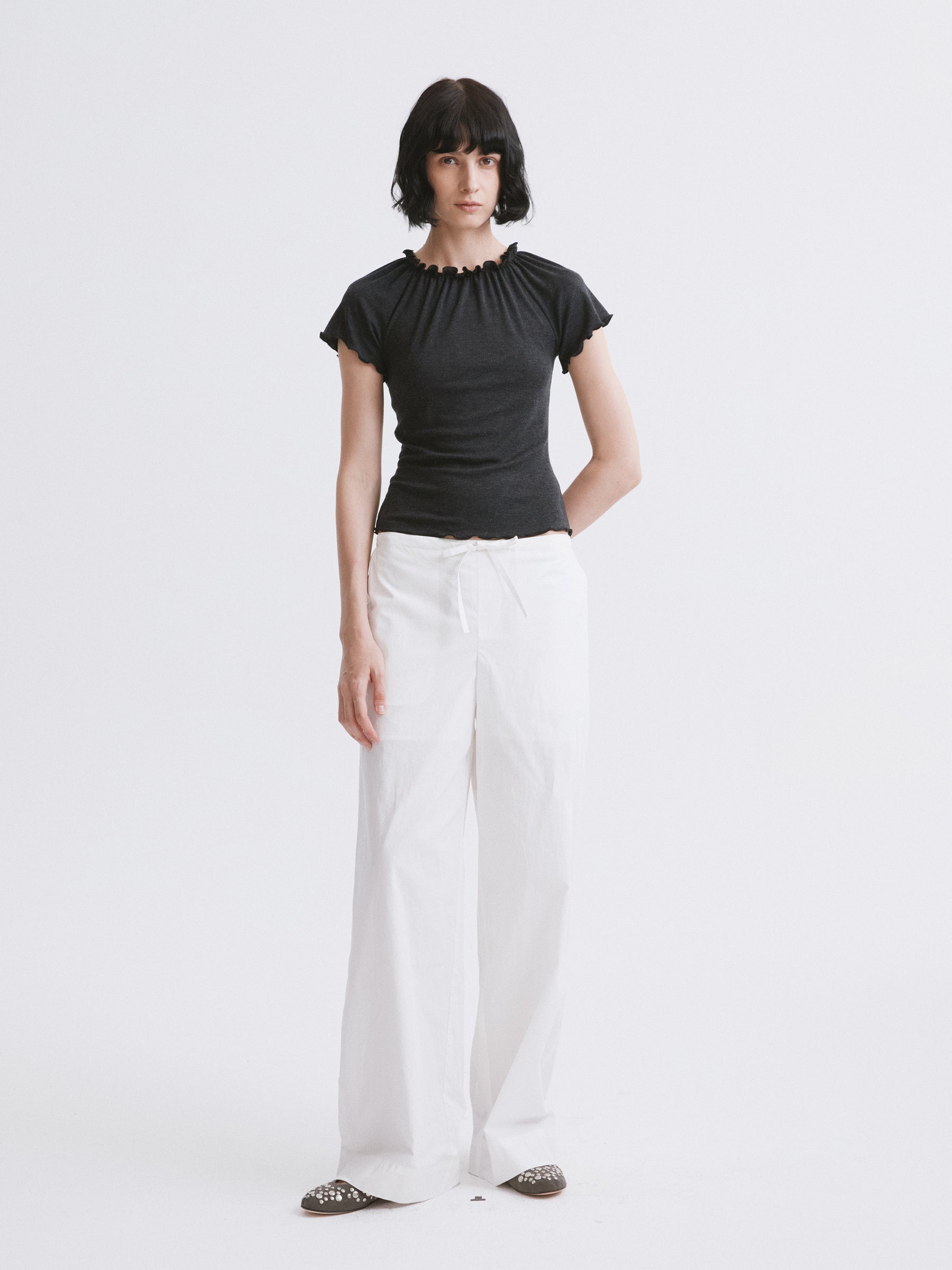 Mid-Rise Half-Elastic Waist Casual Pants Off-white