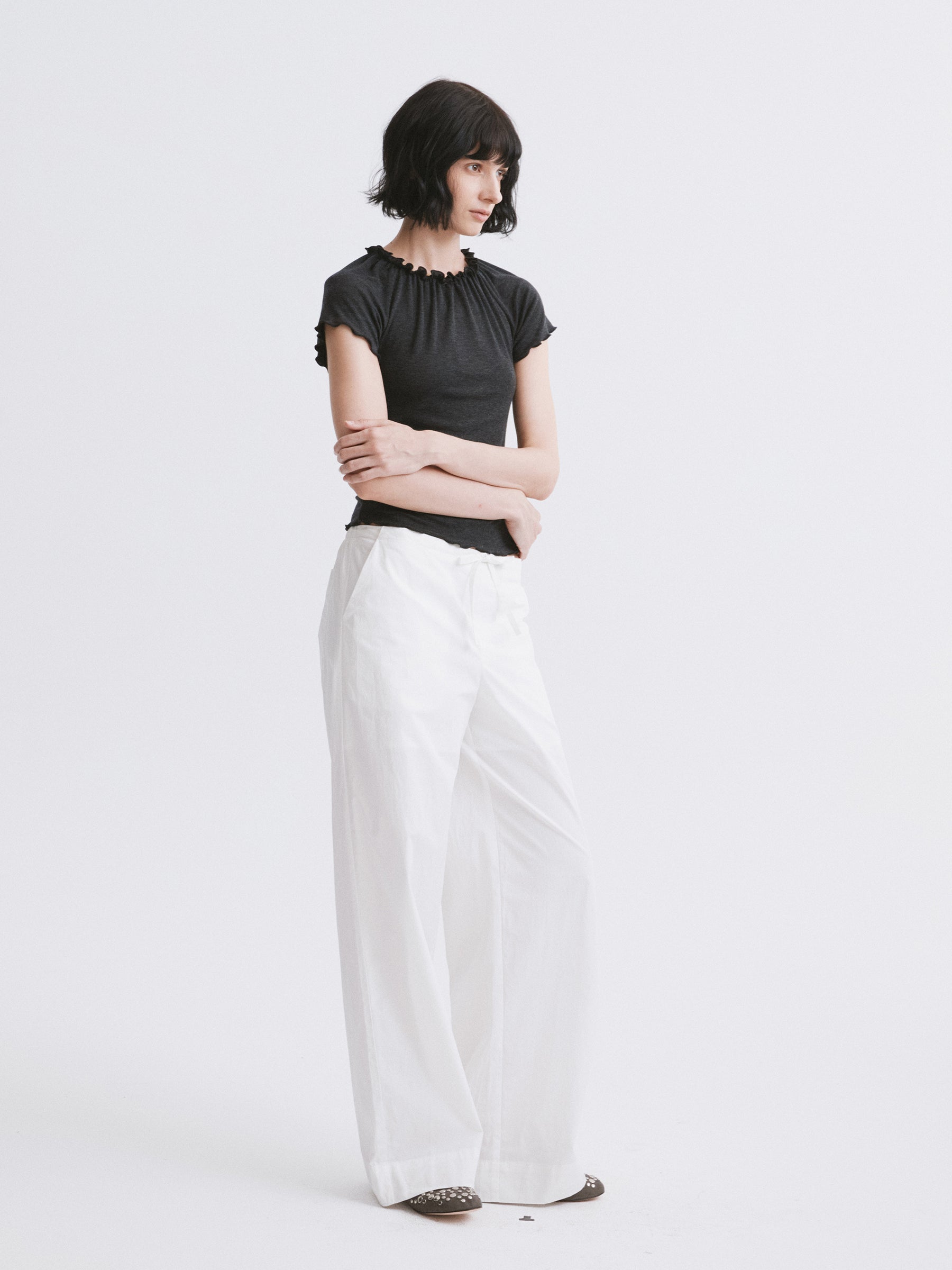 Mid-Rise Half-Elastic Waist Casual Pants Off-white