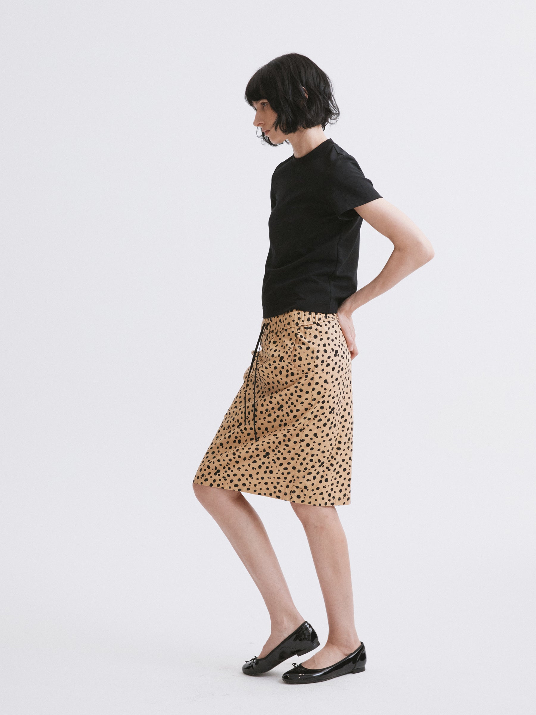 Mid-Low Waist Spot Print Elastic Drawstring Midi Skirt Pale yellow