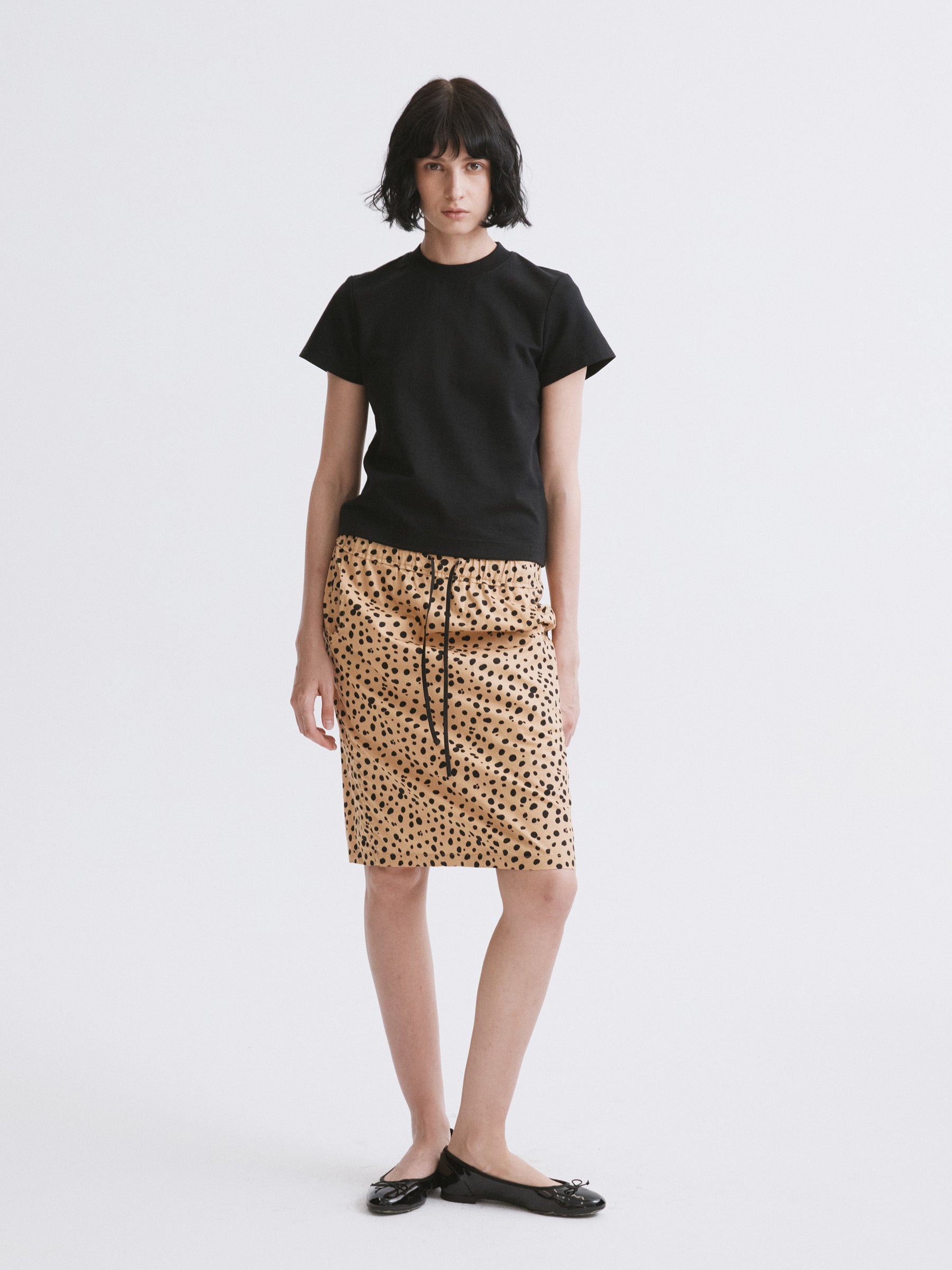 Mid-Low Waist Spot Print Elastic Drawstring Midi Skirt Pale yellow