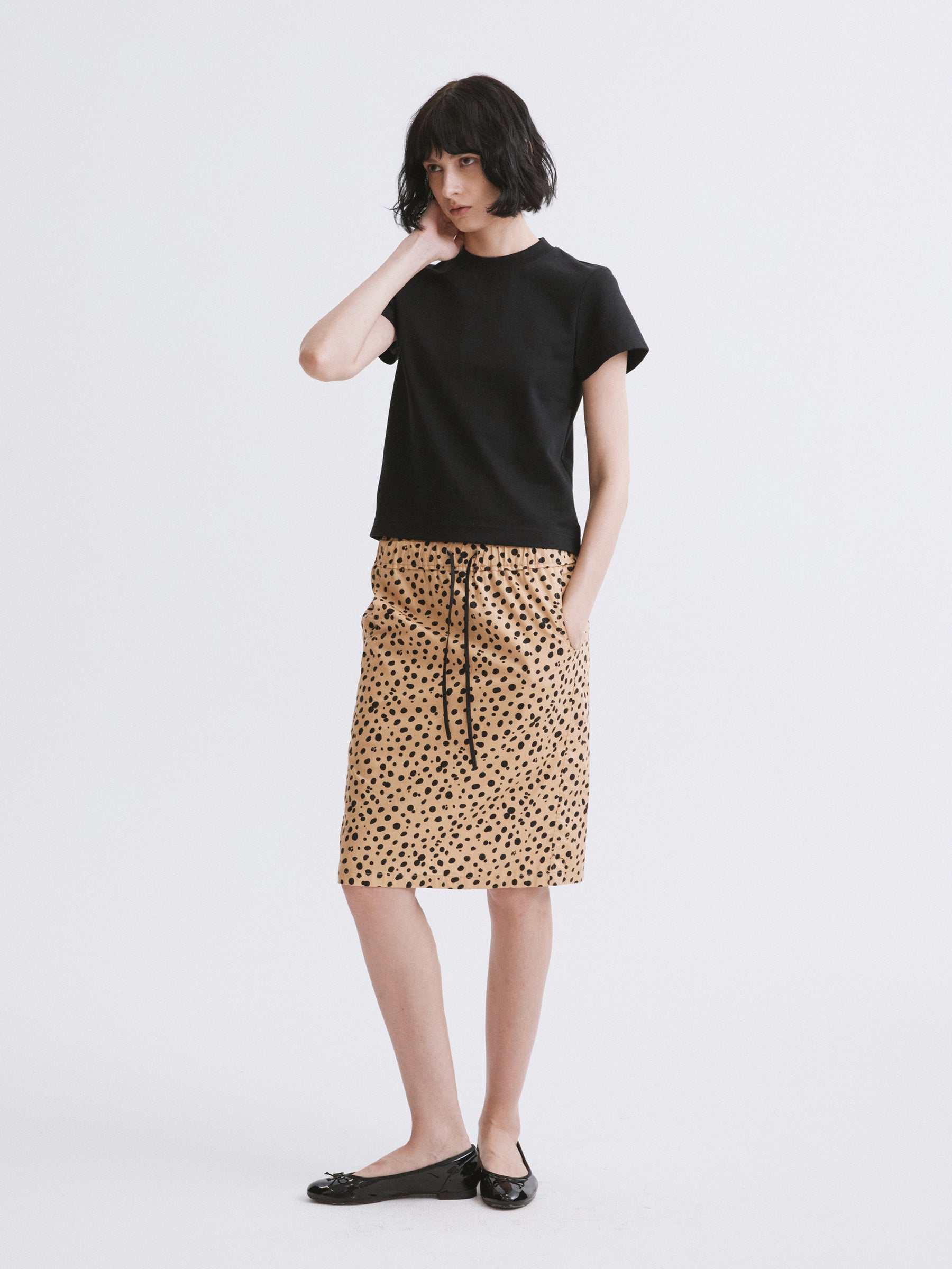 Mid-Low Waist Spot Print Elastic Drawstring Midi Skirt Pale yellow