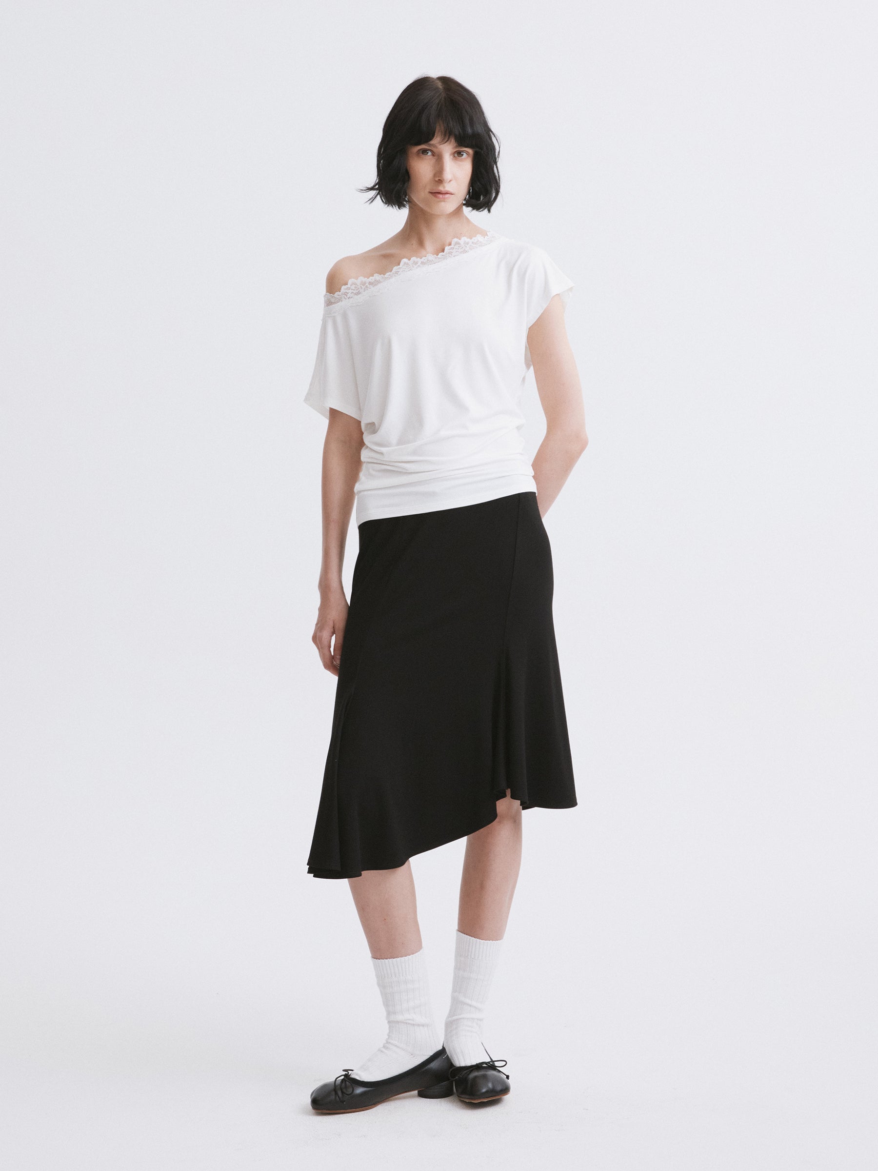 Off-Shoulder Lace Trim T-Shirt White
