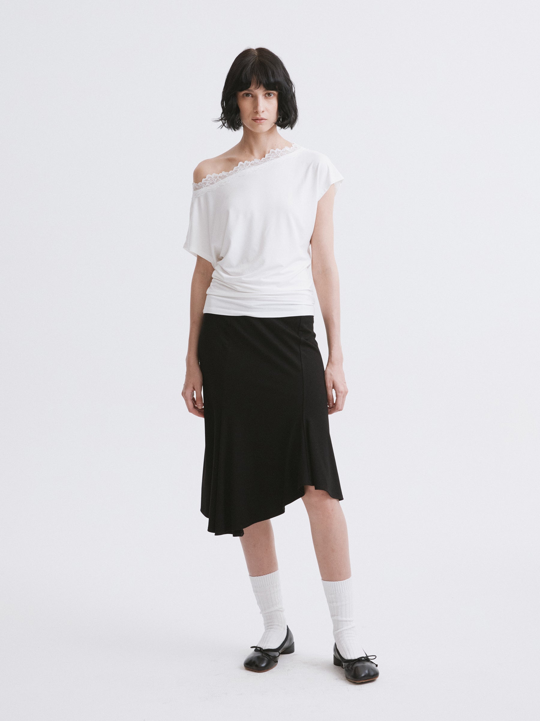 Off-Shoulder Lace Trim T-Shirt White