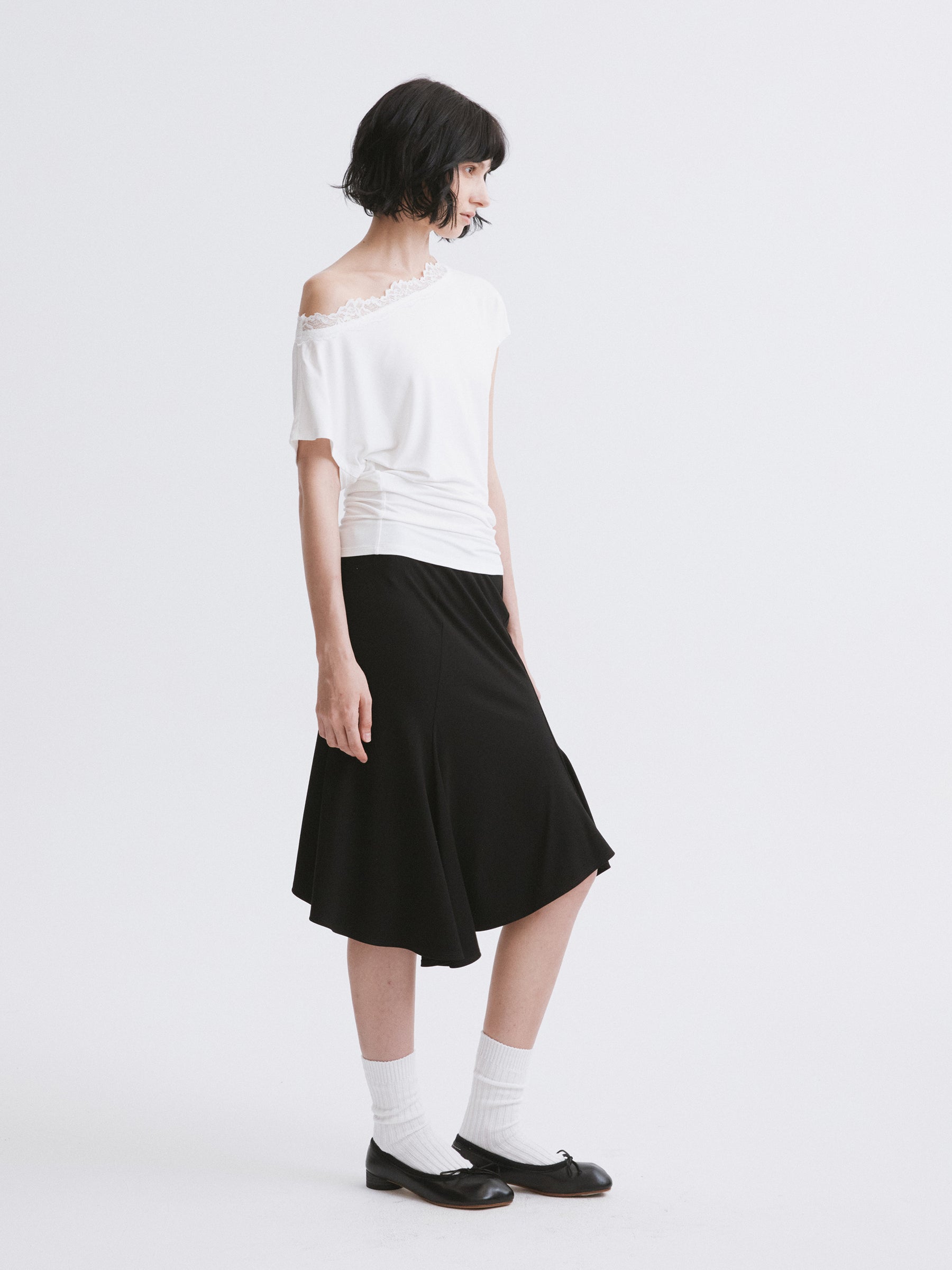 Off-Shoulder Lace Trim T-Shirt White