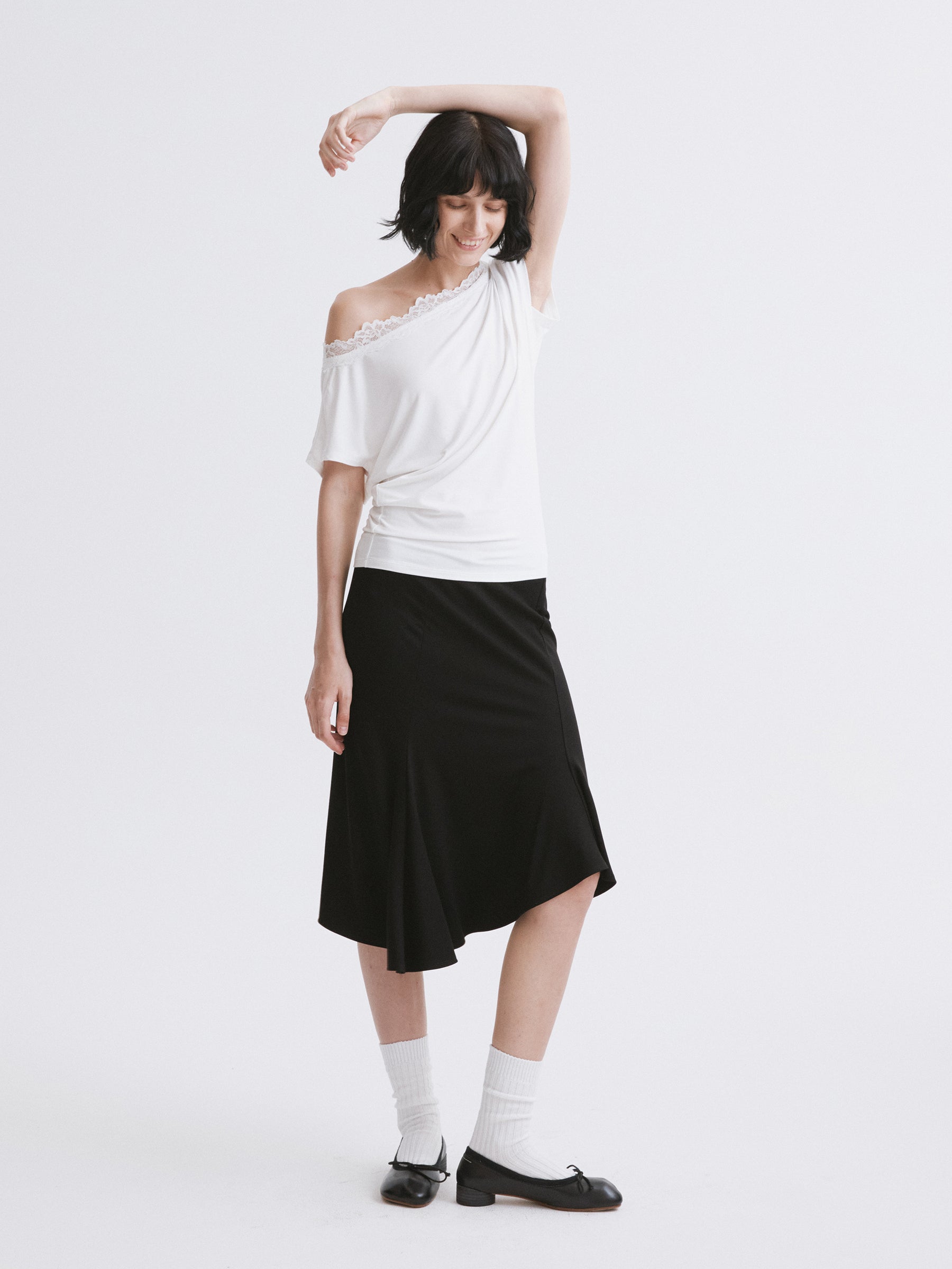 Off-Shoulder Lace Trim T-Shirt White