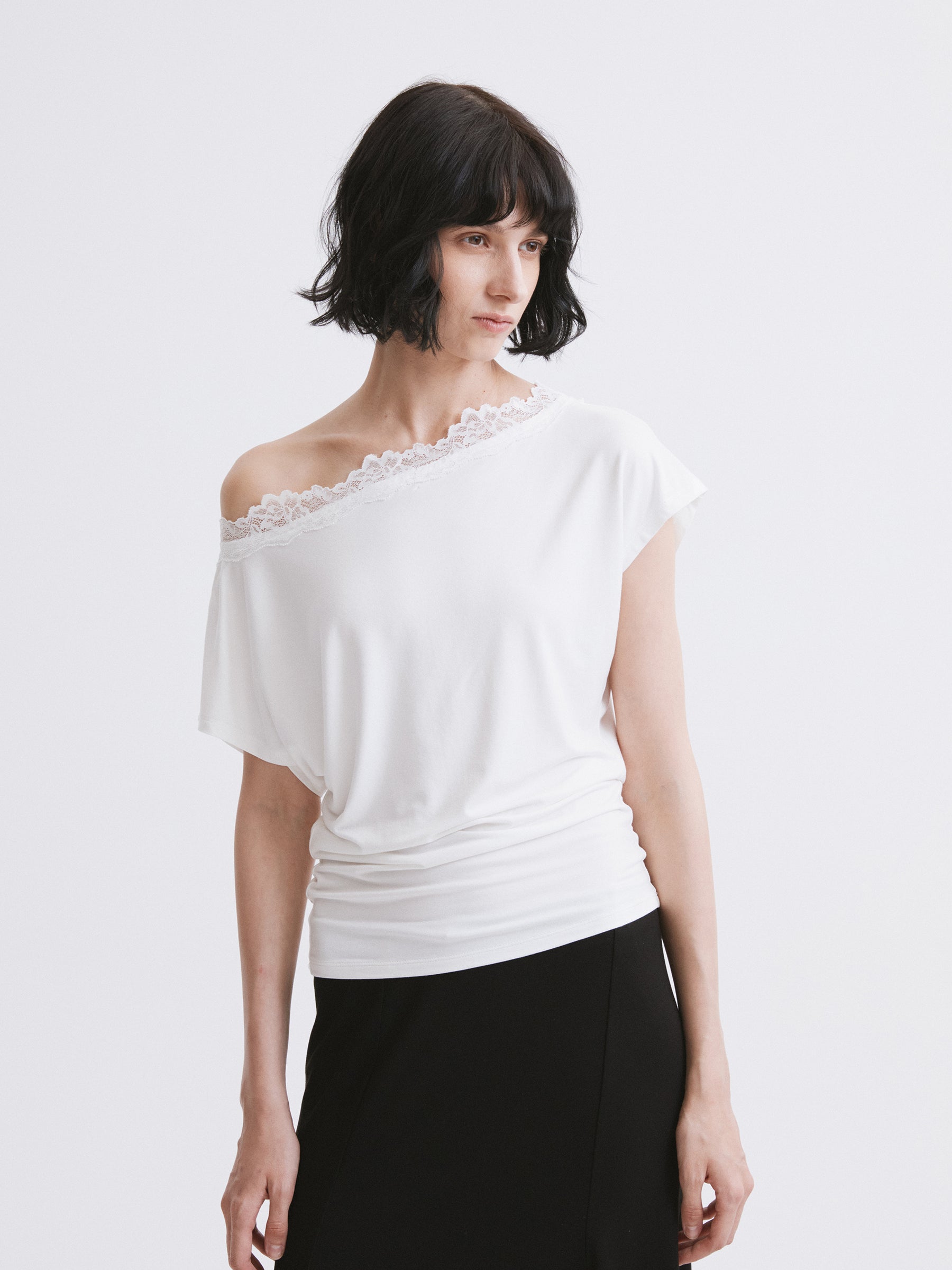 Off-Shoulder Lace Trim T-Shirt White