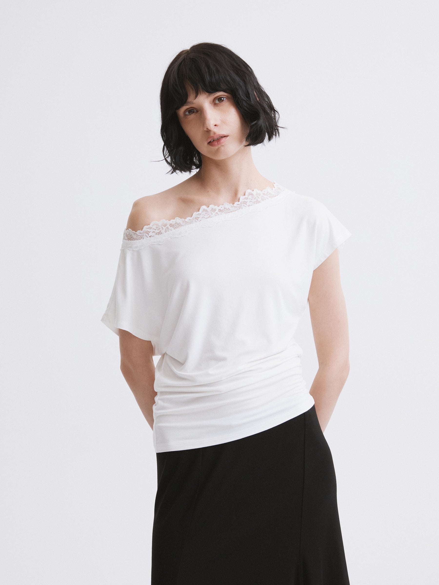 Off-Shoulder Lace Trim T-Shirt White