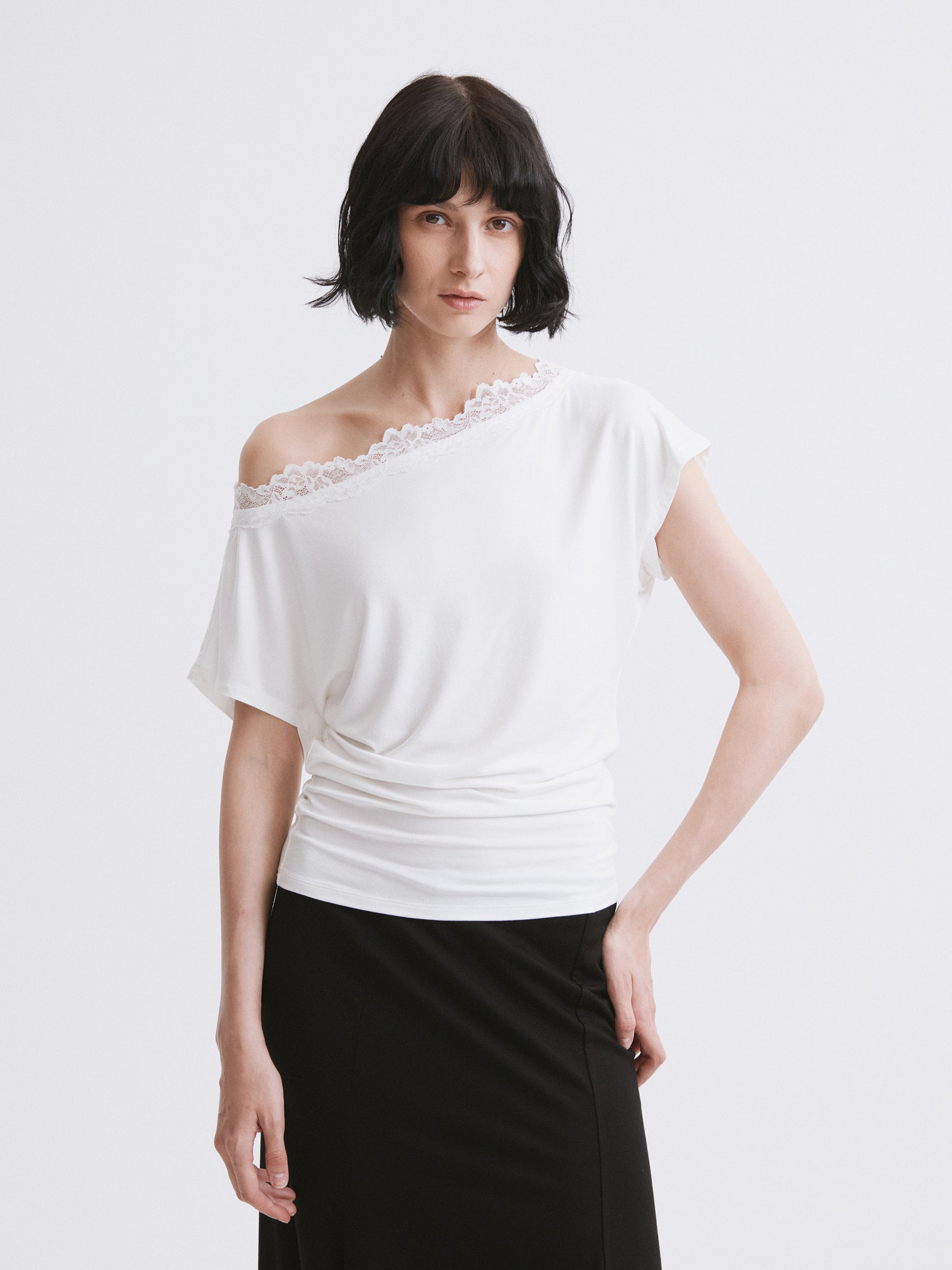 Off-Shoulder Lace Trim T-Shirt White
