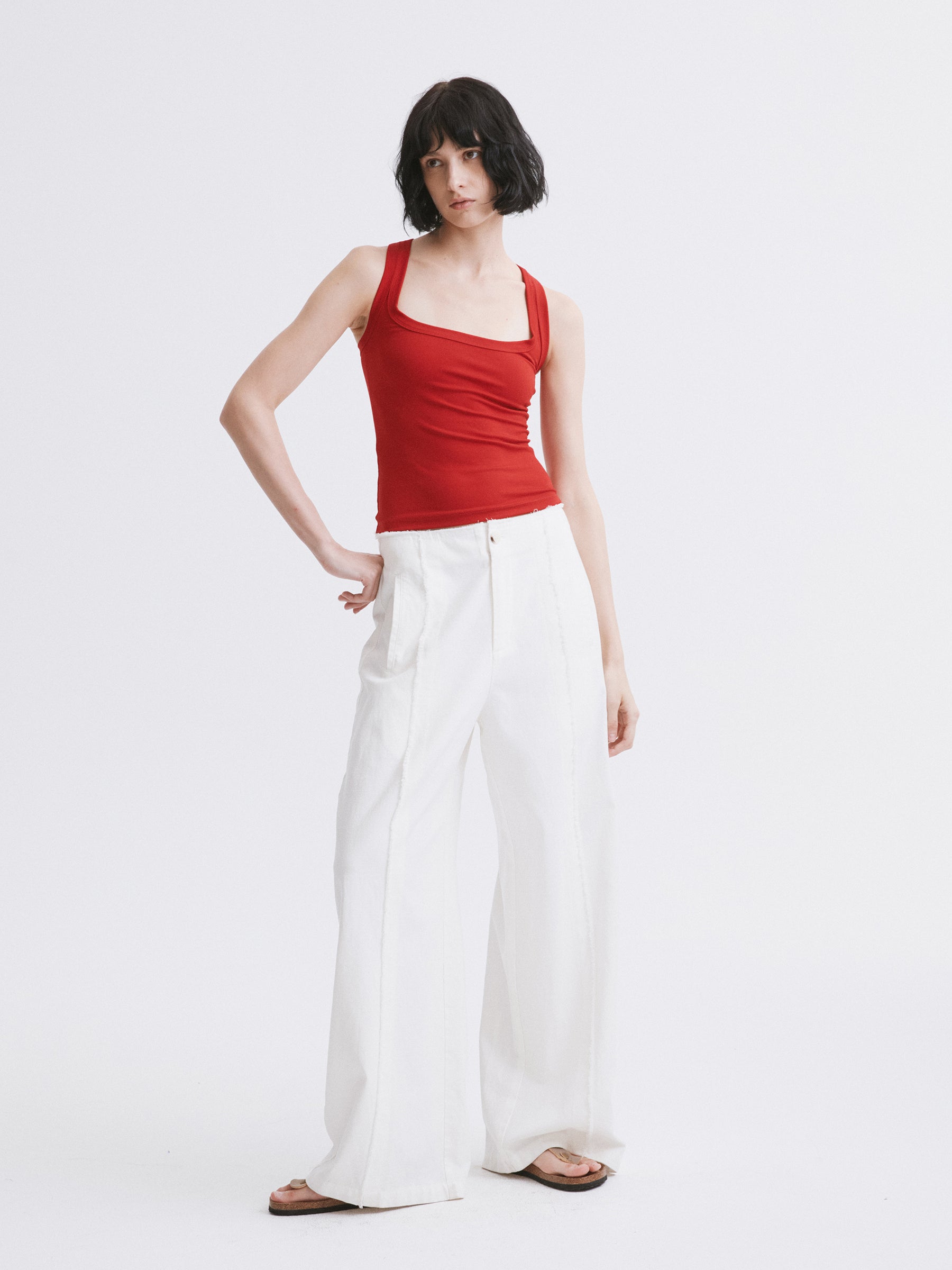 Mid-Rise Wide-Leg Casual Pants with Raw Hem White