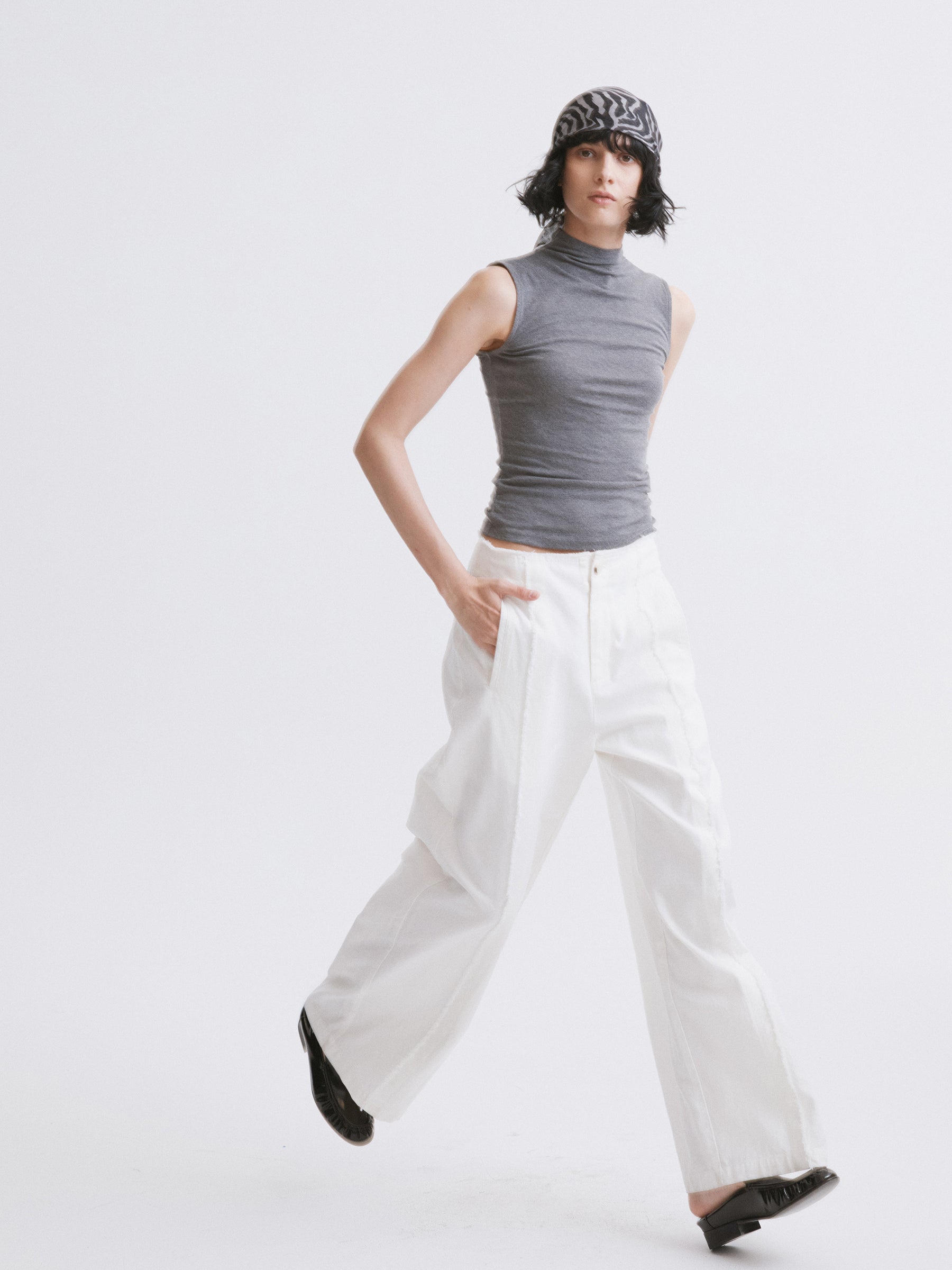 Mock Neck Knit Tank Top Gray