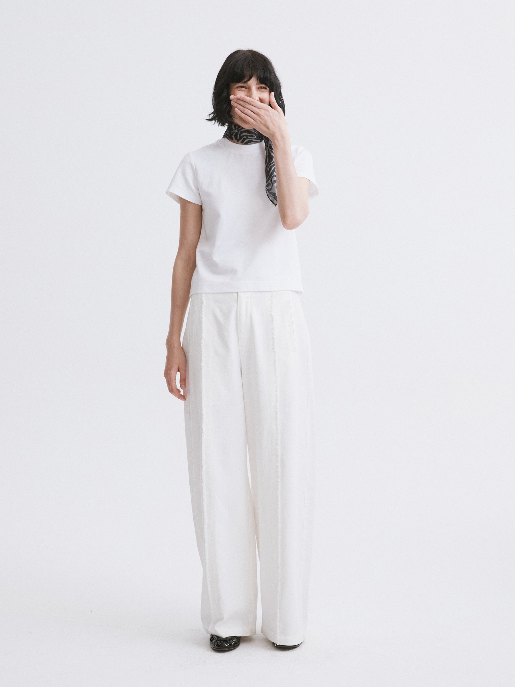 Mid-Rise Wide-Leg Casual Pants with Raw Hem White