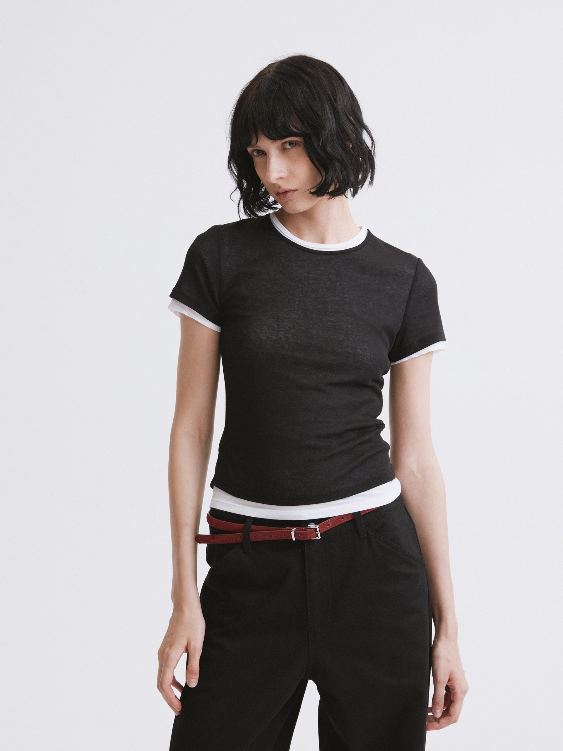 Lightweight Mock Two-Piece Color-Block T-Shirt Black