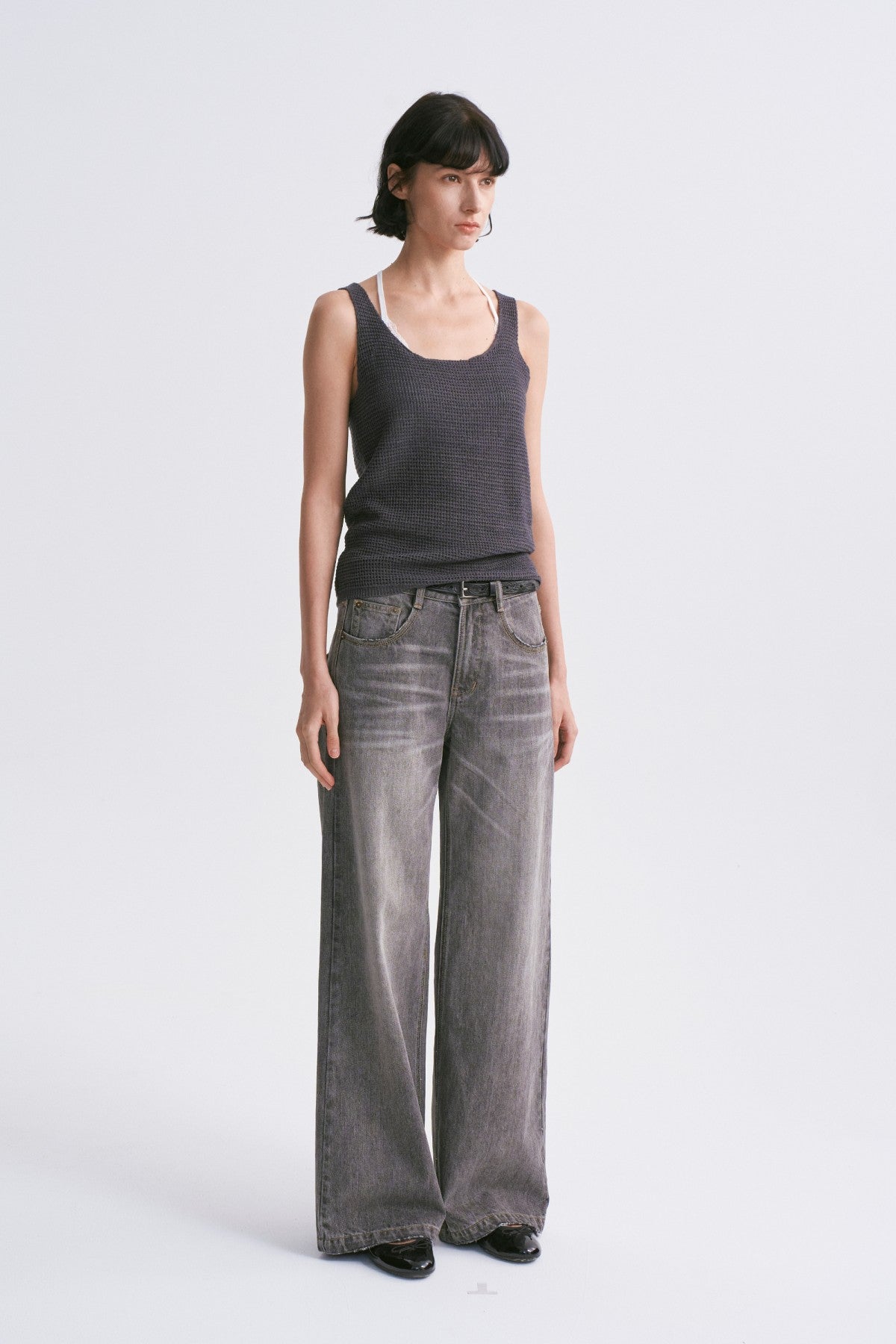 Mixed-yarn Chunky Texture Knit Vest Greyish Blue